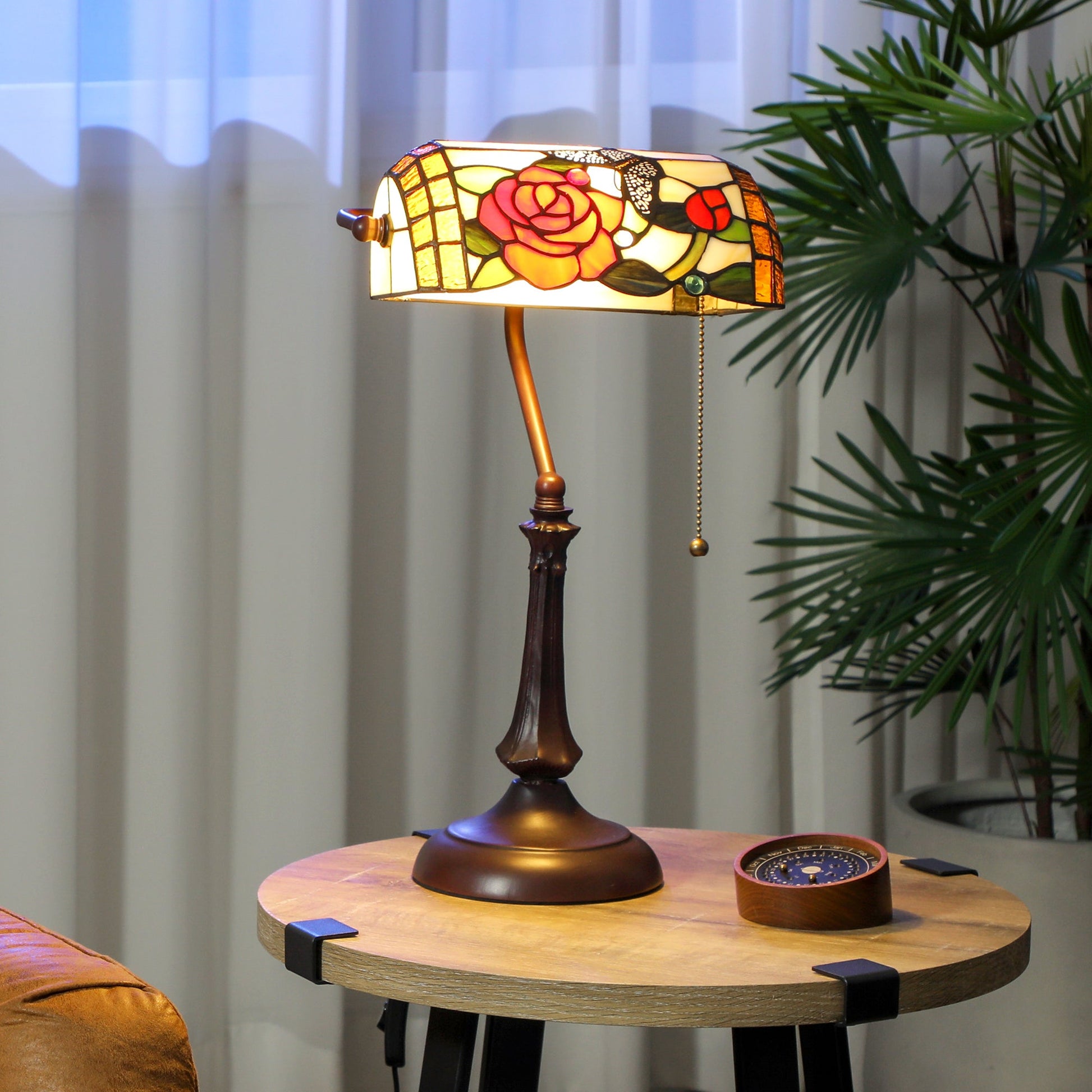 Tiffany-Style Glass Table Lamp with Rose and Butterfly Design, Handcrafted Antique Bedside Lamp with Dual Switch Control for Living Room and Bedroom, E27 Socket, No Assembly Required, Red