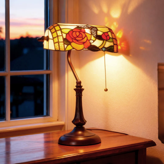 Tiffany-Style Glass Table Lamp with Rose and Butterfly Design, Handcrafted Antique Bedside Lamp with Dual Switch Control for Living Room and Bedroom, E27 Socket, No Assembly Required, Red
