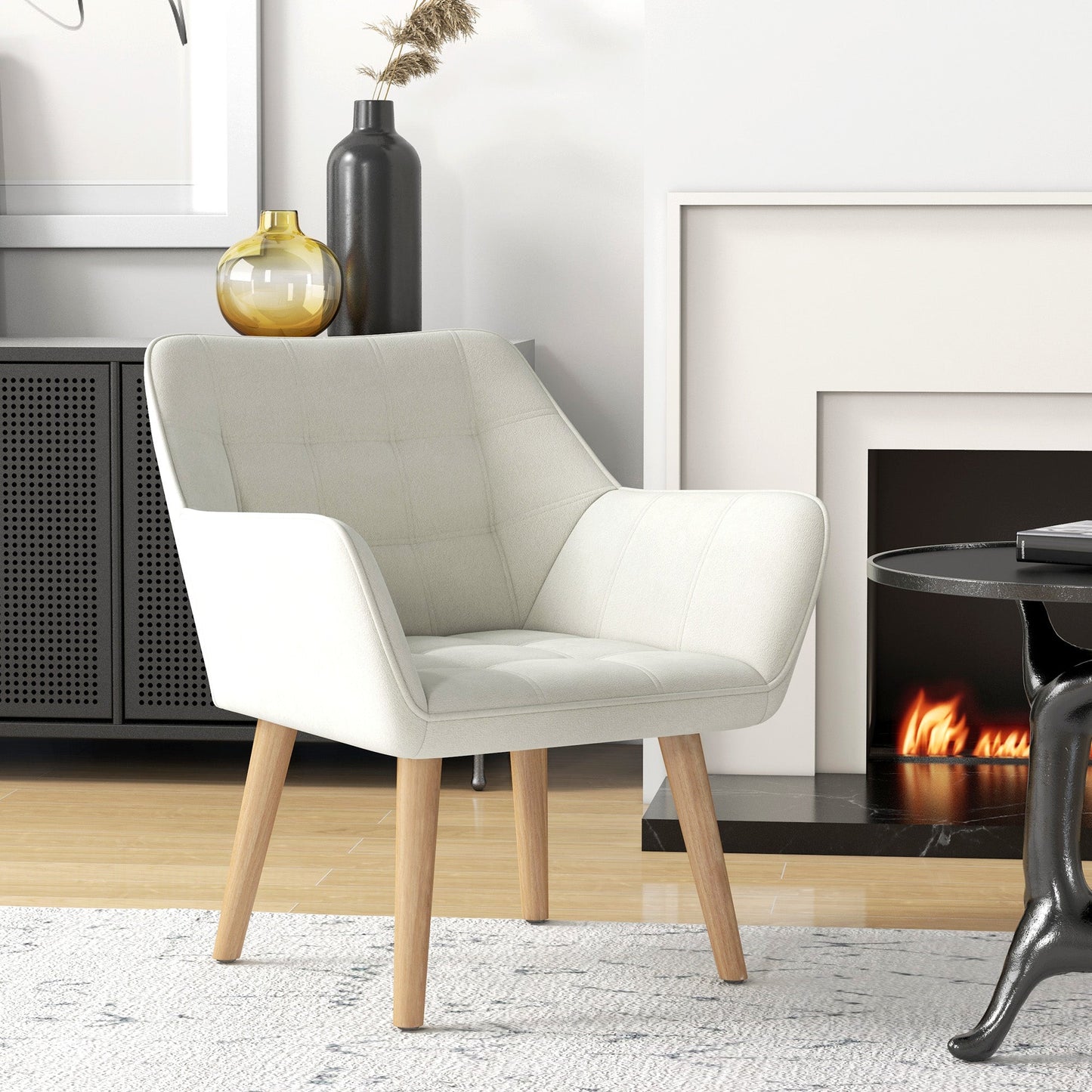 HOMCOM Armchair Accent Chair, Vanity Chair with Wide Arms, Slanted Back, Padding, Metal Frame, Wooden Legs, Home Bedroom Furniture Seating, Cream White