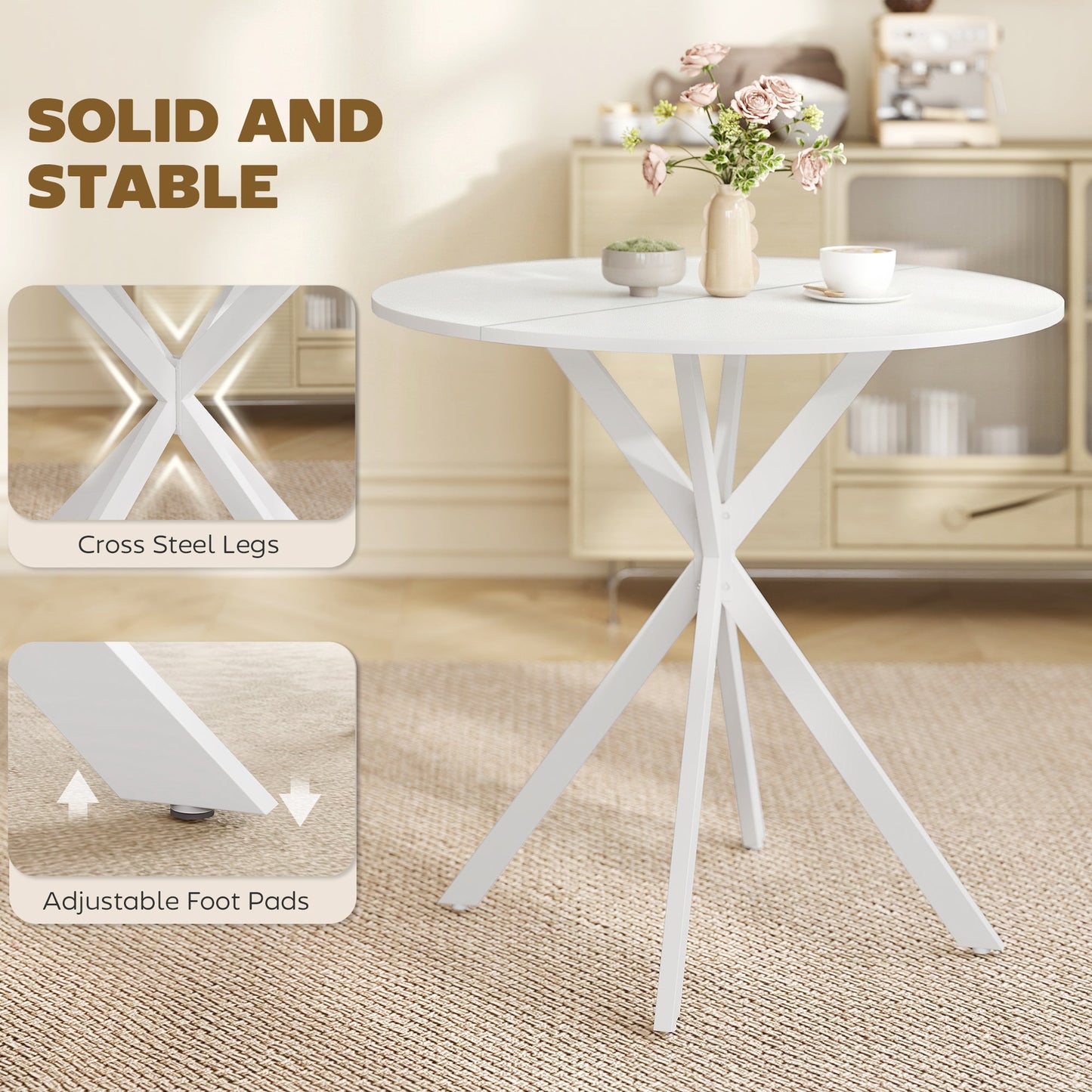 80cm Round Dining Table, Industrial Kitchen Table with Cross Steel Legs for Dining Room, Kitchen, Living Room, White