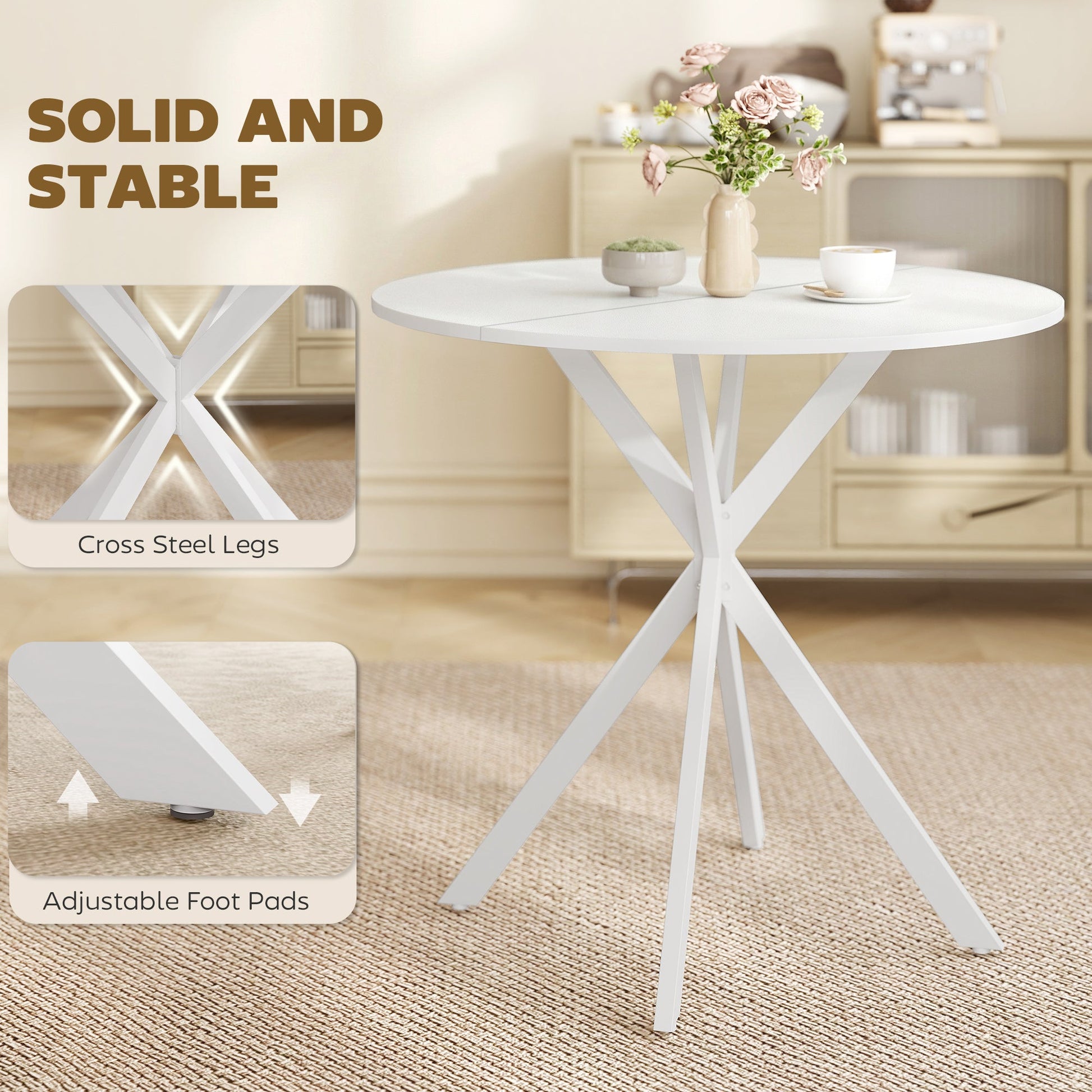 80cm Round Dining Table, Industrial Kitchen Table with Cross Steel Legs for Dining Room, Kitchen, Living Room, White