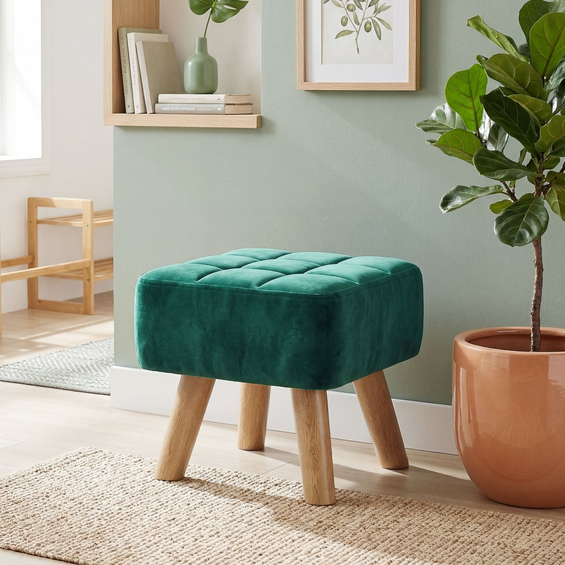Modern Tufted Footstool, Fabric Foot Stool with Rubber Wood Legs, Padded Seat, for Living Room, Bedroom, Entryway, Dark Green