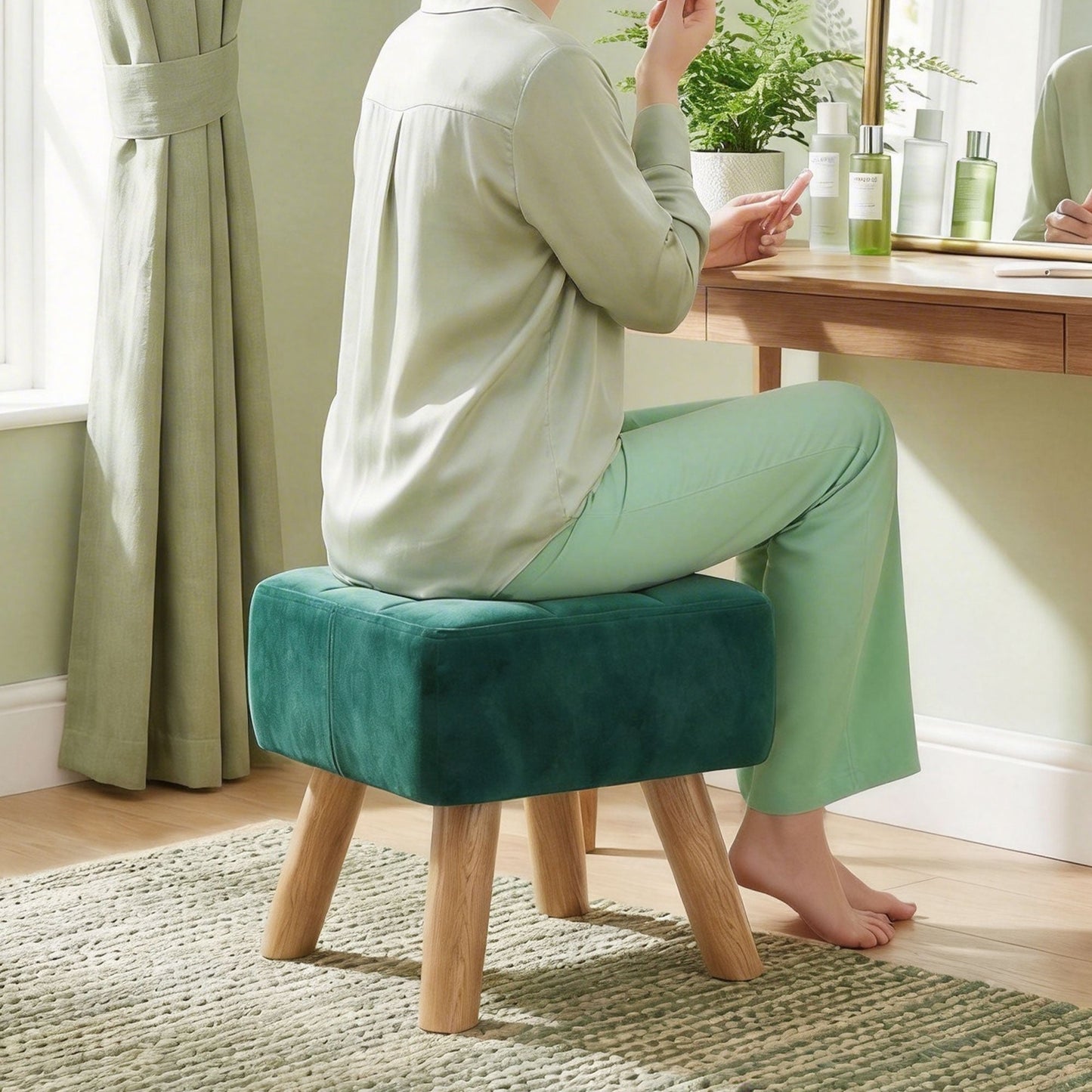Modern Tufted Footstool, Fabric Foot Stool with Rubber Wood Legs, Padded Seat, for Living Room, Bedroom, Entryway, Dark Green
