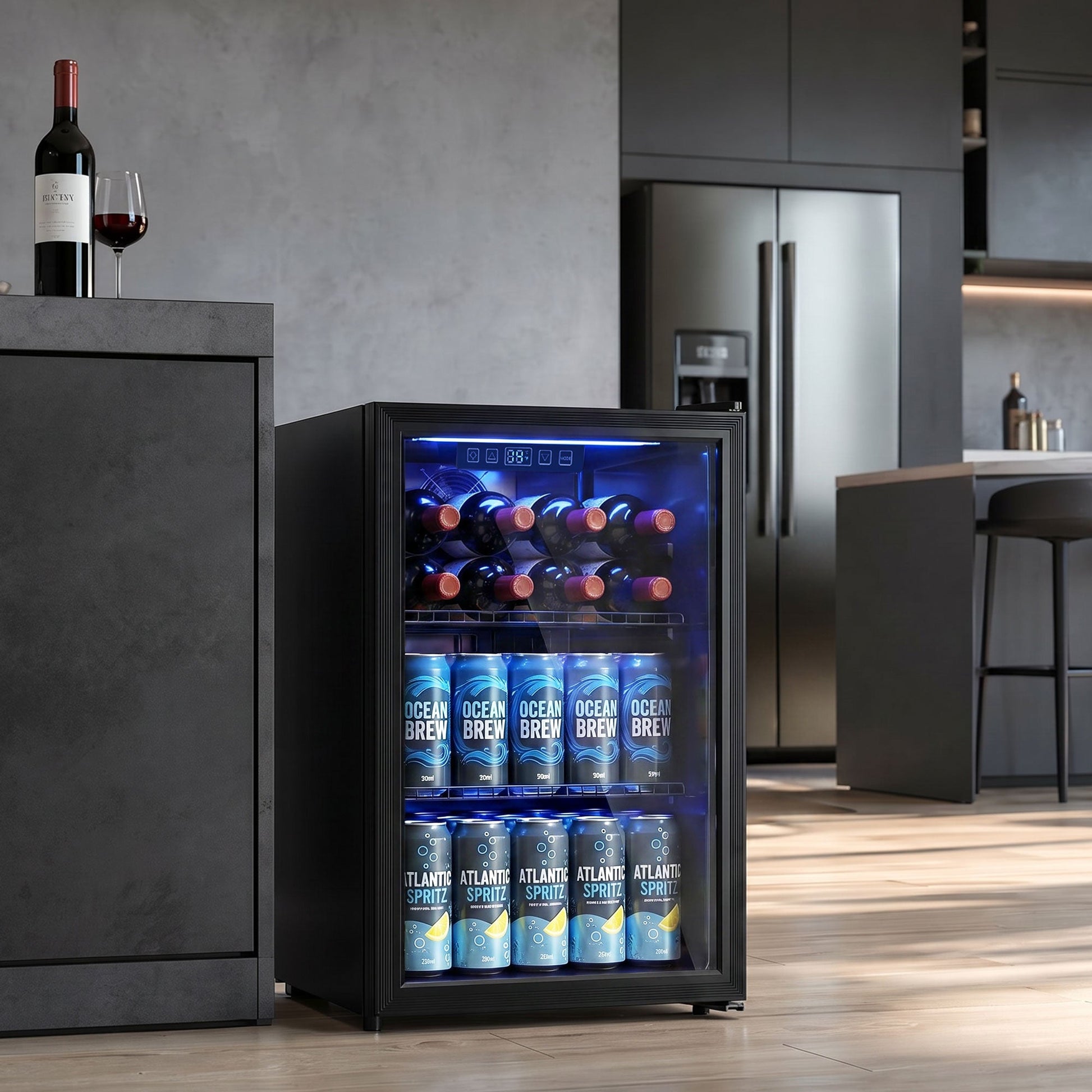 70L Drinks Fridge, 70 Can Under Counter Freestanding Beer Fridge with Double-Layer Glass Door, Wine Cooler with LED Light, Adjustable Shelves, Beverage Cooler for Soda Beer, Home Office