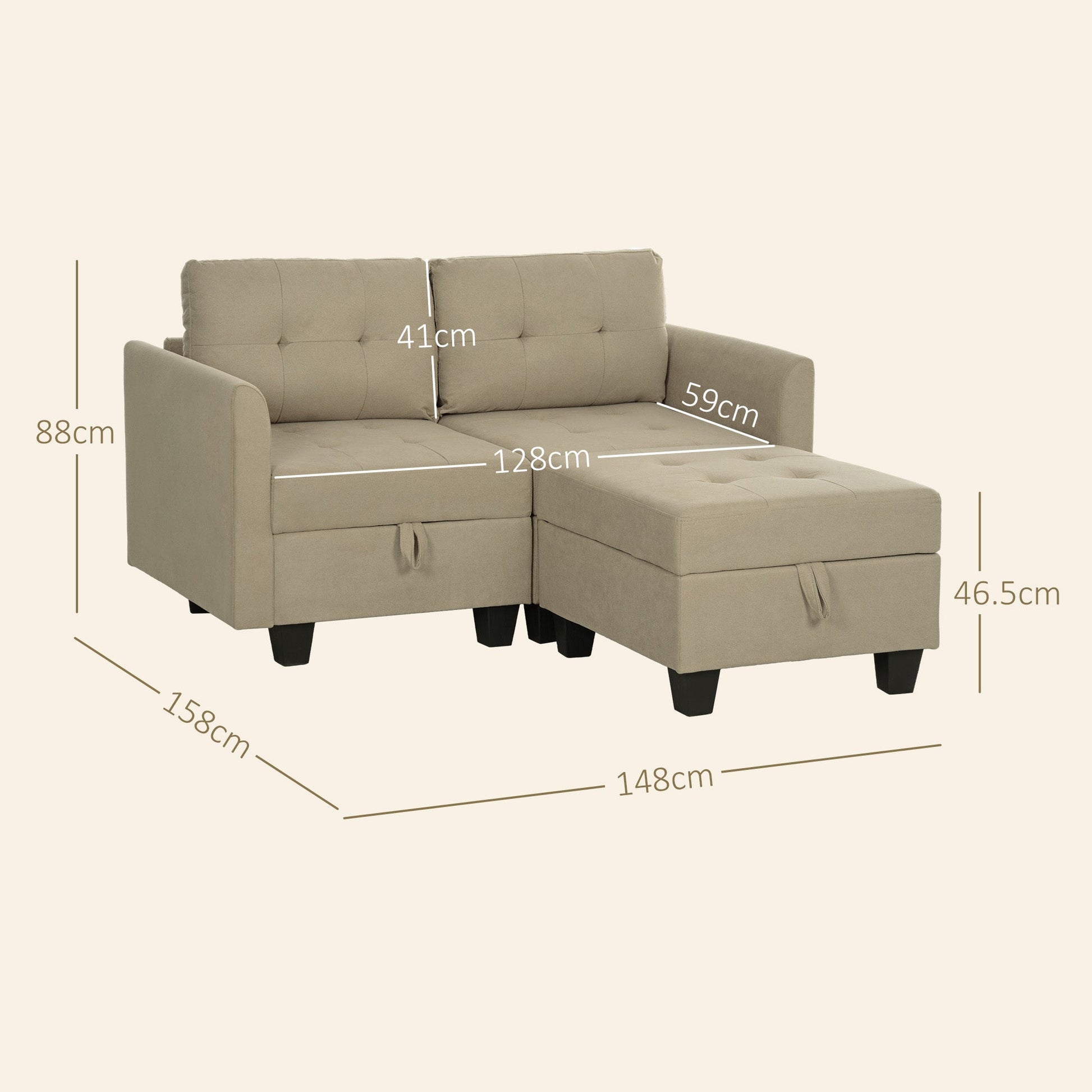 HOMCOM Convertible Modular Sectional Sofa with Storage, Tufted 2 Seater Sofa Set, L Shaped Sofa Couch with Ottoman, Wood Frame for Living Room, Light Brown