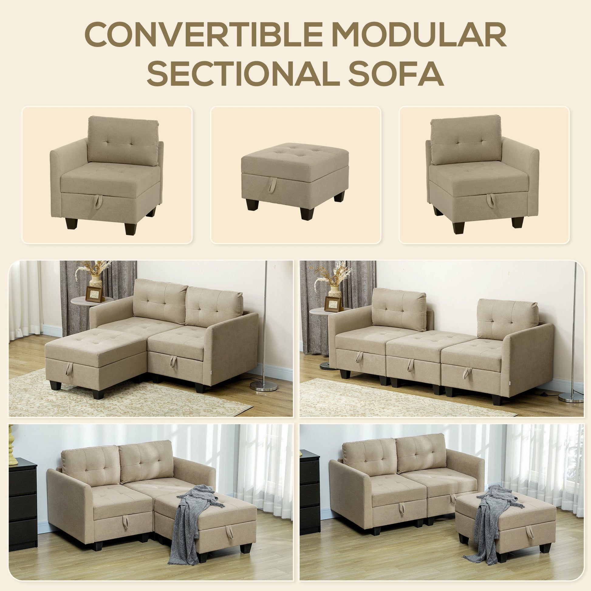 HOMCOM Convertible Modular Sectional Sofa with Storage, Tufted 2 Seater Sofa Set, L Shaped Sofa Couch with Ottoman, Wood Frame for Living Room, Light Brown