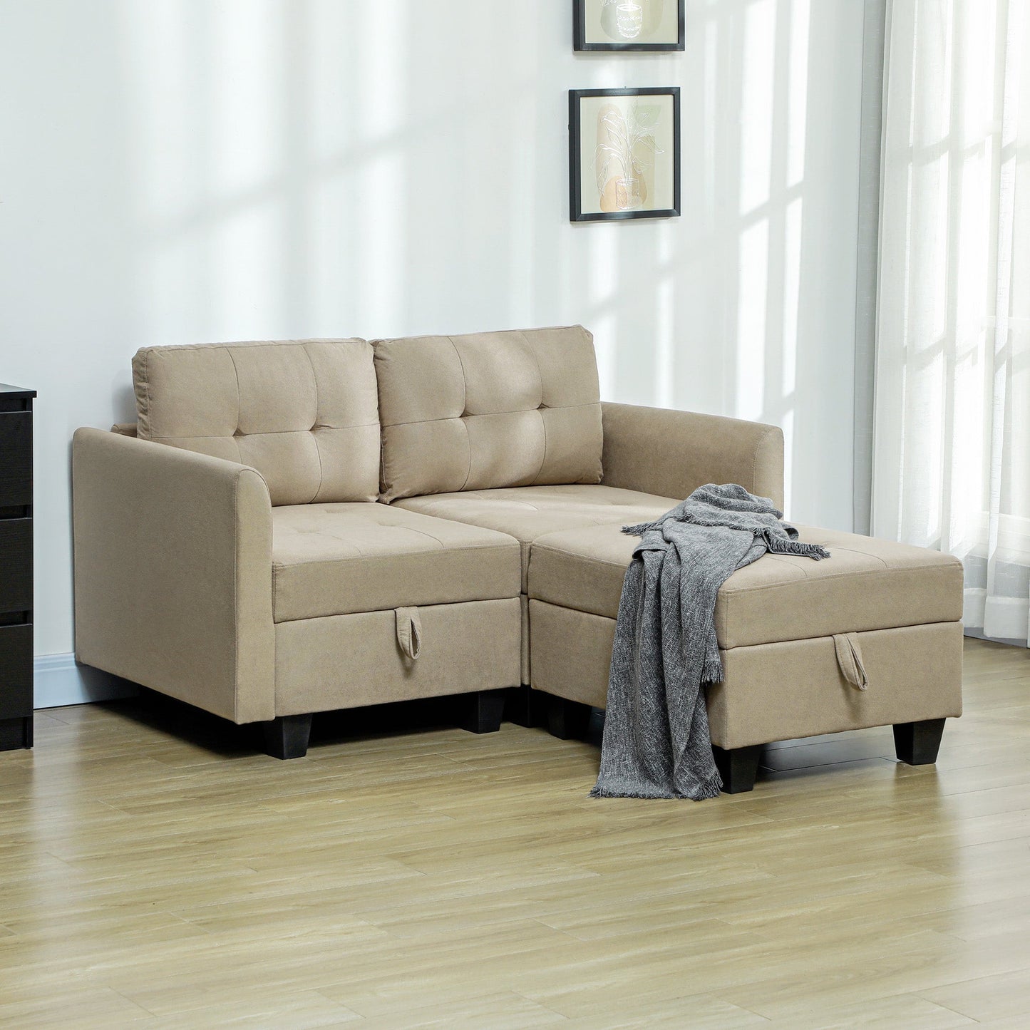 HOMCOM Convertible Modular Sectional Sofa with Storage, Tufted 2 Seater Sofa Set, L Shaped Sofa Couch with Ottoman, Wood Frame for Living Room, Light Brown