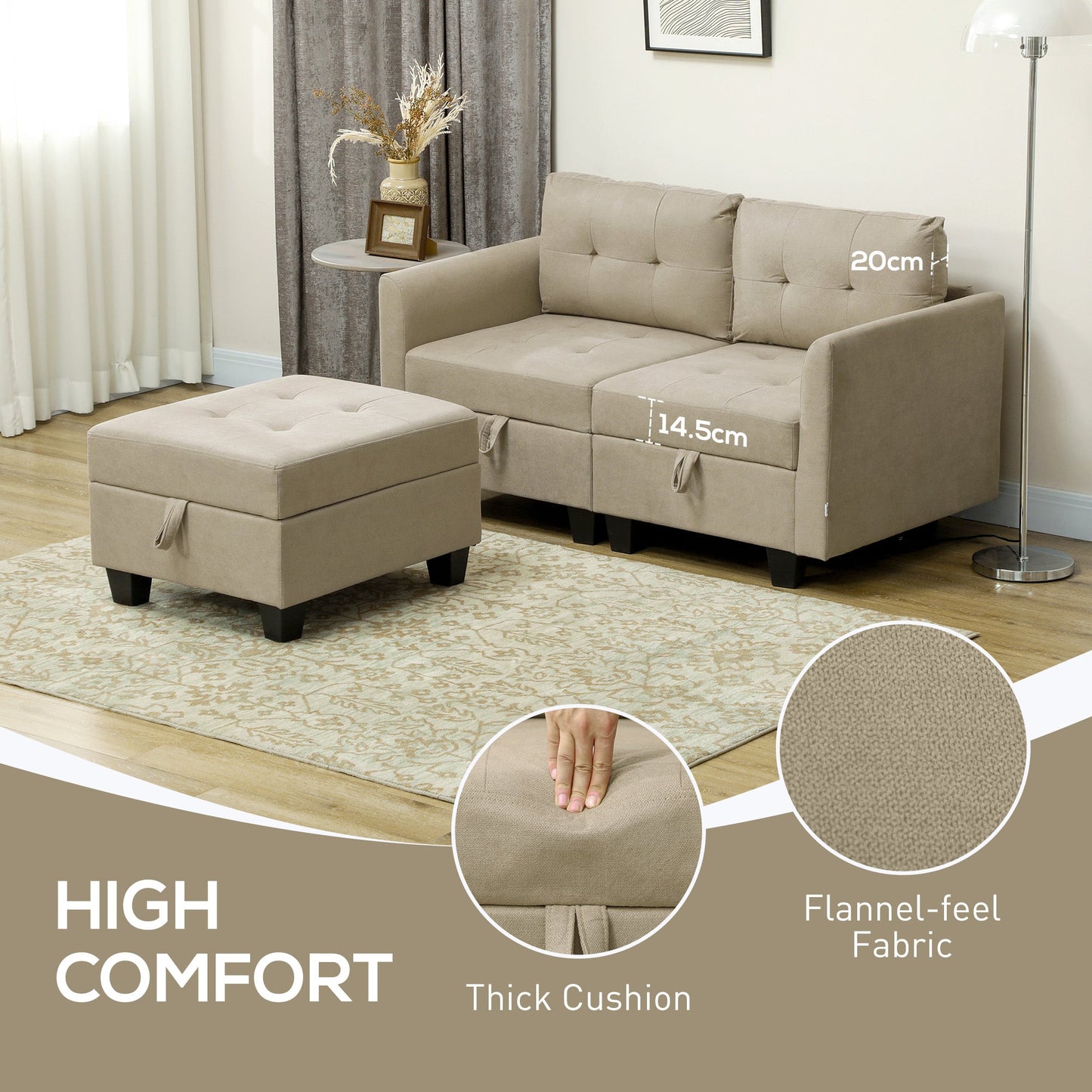 HOMCOM Convertible Modular Sectional Sofa with Storage, Tufted 2 Seater Sofa Set, L Shaped Sofa Couch with Ottoman, Wood Frame for Living Room, Light Brown