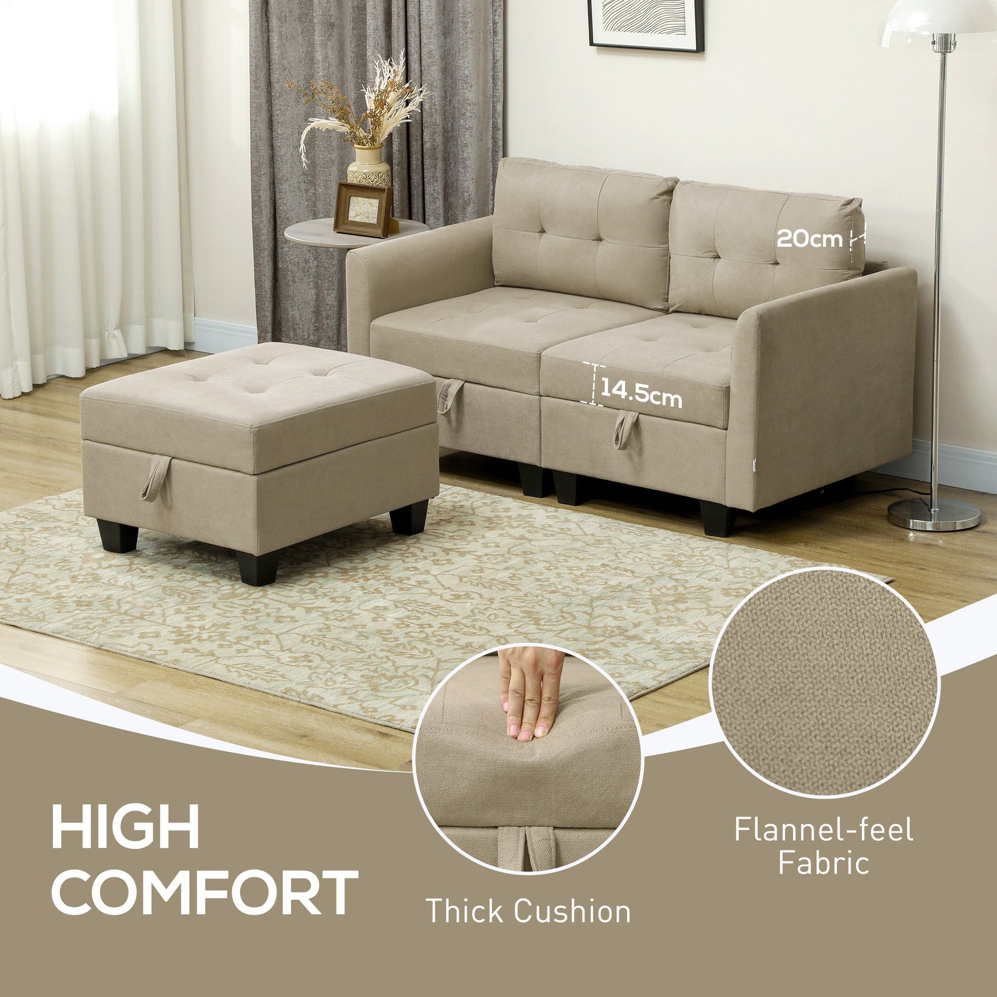 HOMCOM Convertible Modular Sectional Sofa with Storage, Tufted 2 Seater Sofa Set, L Shaped Sofa Couch with Ottoman, Wood Frame for Living Room, Light Brown