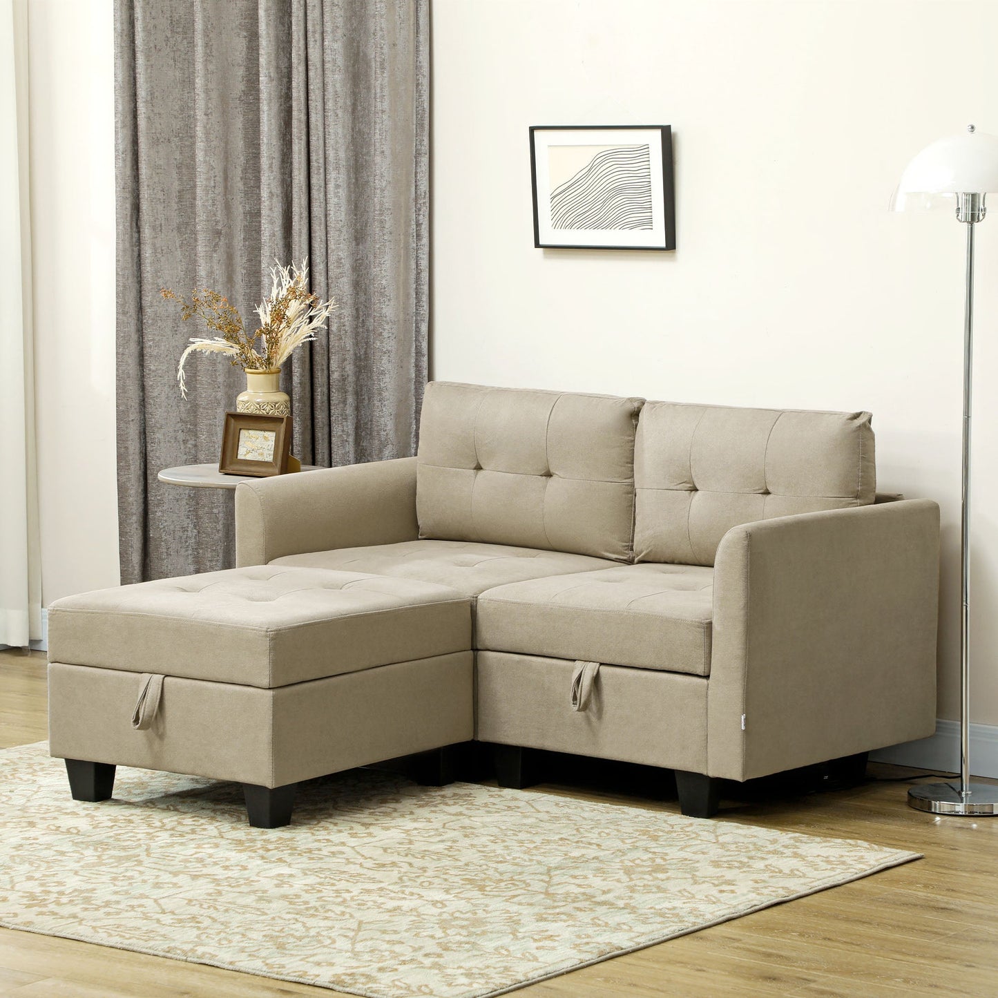 HOMCOM Convertible Modular Sectional Sofa with Storage, Tufted 2 Seater Sofa Set, L Shaped Sofa Couch with Ottoman, Wood Frame for Living Room, Light Brown