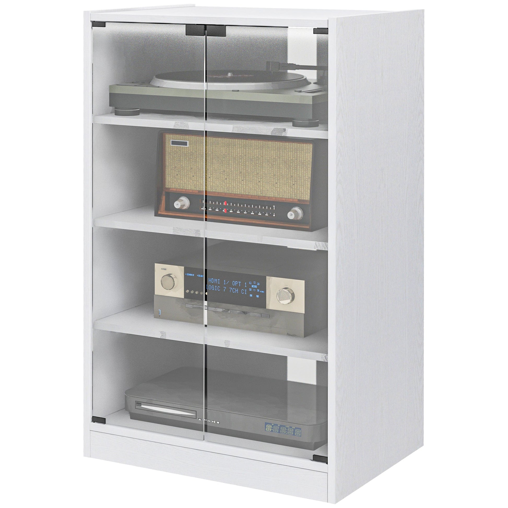 Record Player Stand with Storage, 4-Tier Hi-Fi Stand, Media Cabinet with Adjustable Shelves, Push-to-Open Glass Doors and Cable Management for Music Room and Living Room, White Wood-Effect