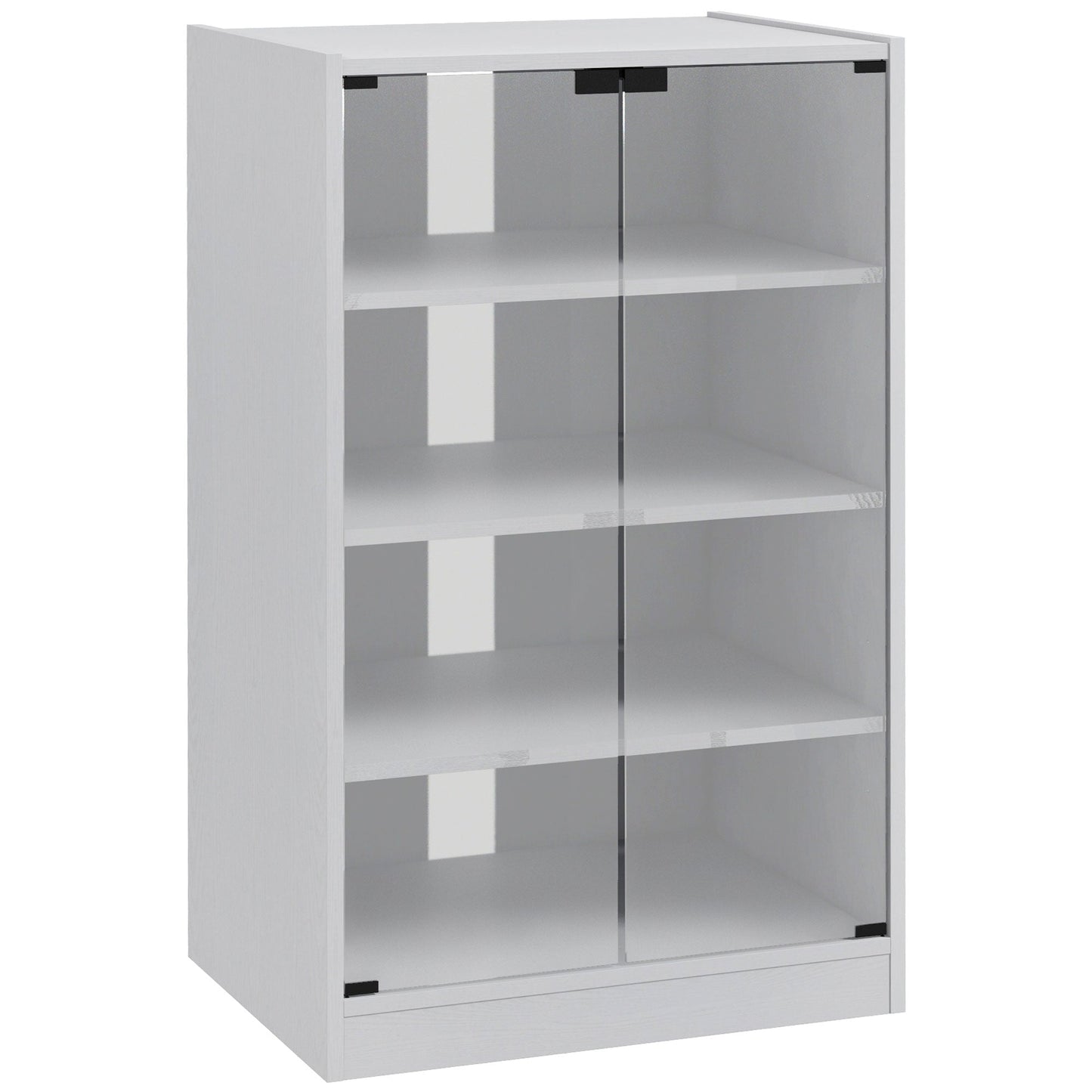 Record Player Stand with Storage, 4-Tier Hi-Fi Stand, Media Cabinet with Adjustable Shelves, Push-to-Open Glass Doors and Cable Management for Music Room and Living Room, White Wood-Effect