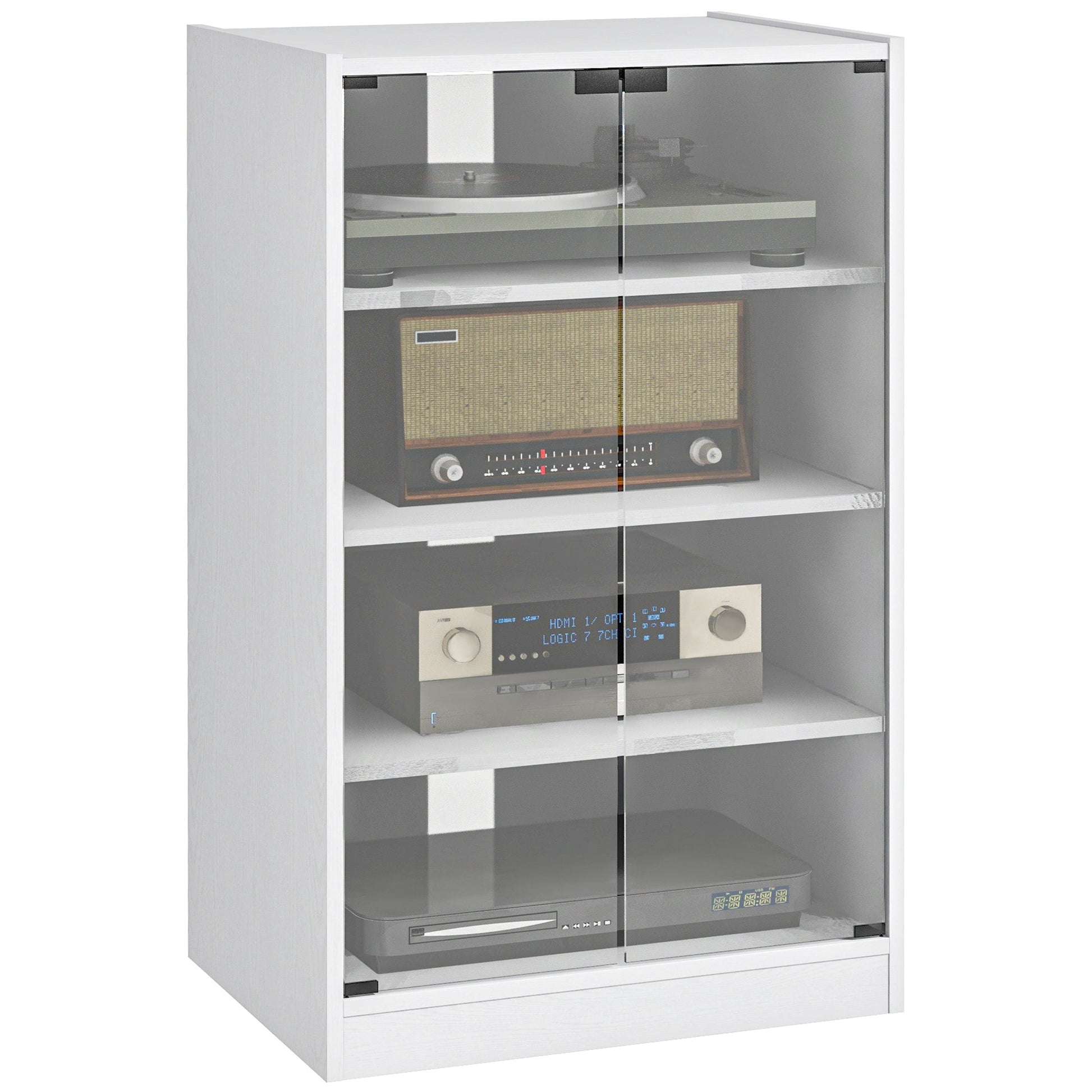 Record Player Stand with Storage, 4-Tier Hi-Fi Stand, Media Cabinet with Adjustable Shelves, Push-to-Open Glass Doors and Cable Management for Music Room and Living Room, White Wood-Effect
