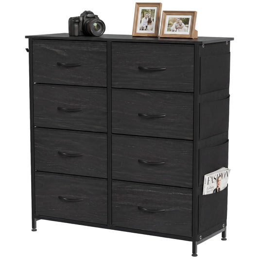 Chest of Drawers, Dresser for Bedroom with 8 Fabric Drawers, Tall Storage Unit with 4 Pockets, 2 Hooks and Steel Frame for Living Room, Hallway, Black