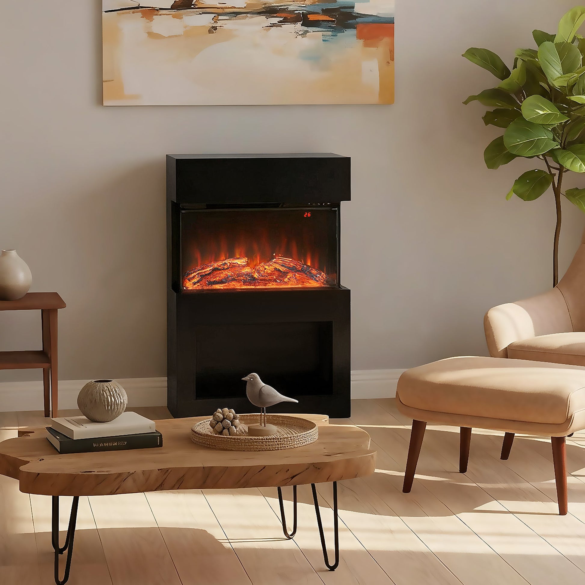 19" Electric Fireplace with Surround, 3D Flame Effect, 6 Colours & 3 Brightness Levels, 1000W/2000W Black Electric Fire and Mantel Reach up to 30㎡ Space with Remote & Timer, 3 Sided View