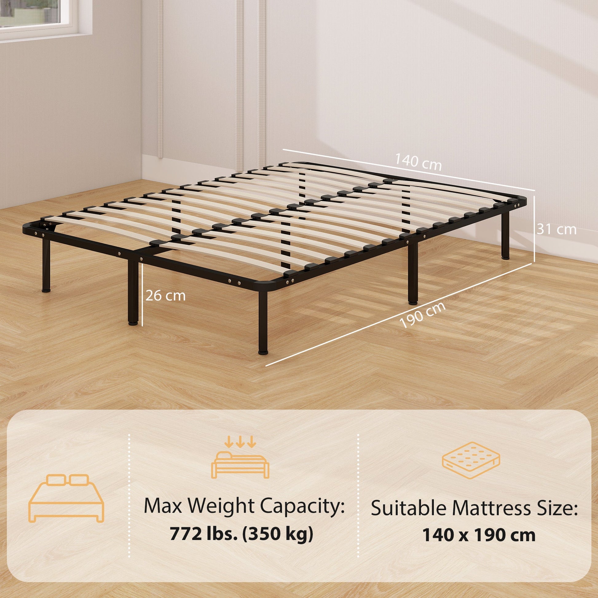 4ft6 Double Bed Frame, Metal Platform Bed Frame with 2 x 14 Wood Slats, No Box Spring Needed, Underbed Storage, Easy to Assemble, Black