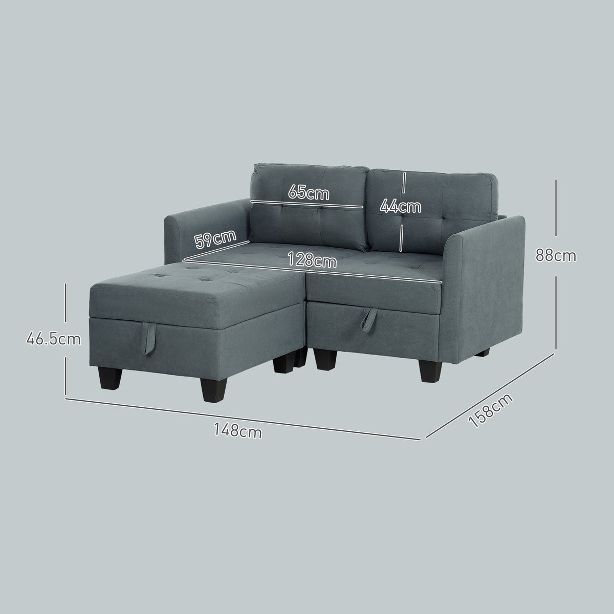 HOMCOM Convertible Modular Sectional Sofa with Storage, Tufted 2 Seater Sofa Set, L Shaped Sofa Couch with Ottoman, Wood Frame for Living Room, Dark Grey