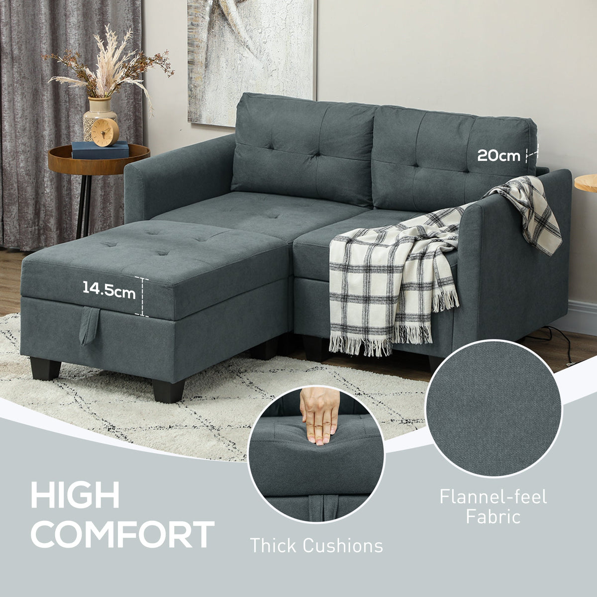 HOMCOM Convertible Modular Sectional Sofa with Storage, Tufted 2 Seater Sofa Set, L Shaped Sofa Couch with Ottoman, Wood Frame for Living Room, Dark Grey