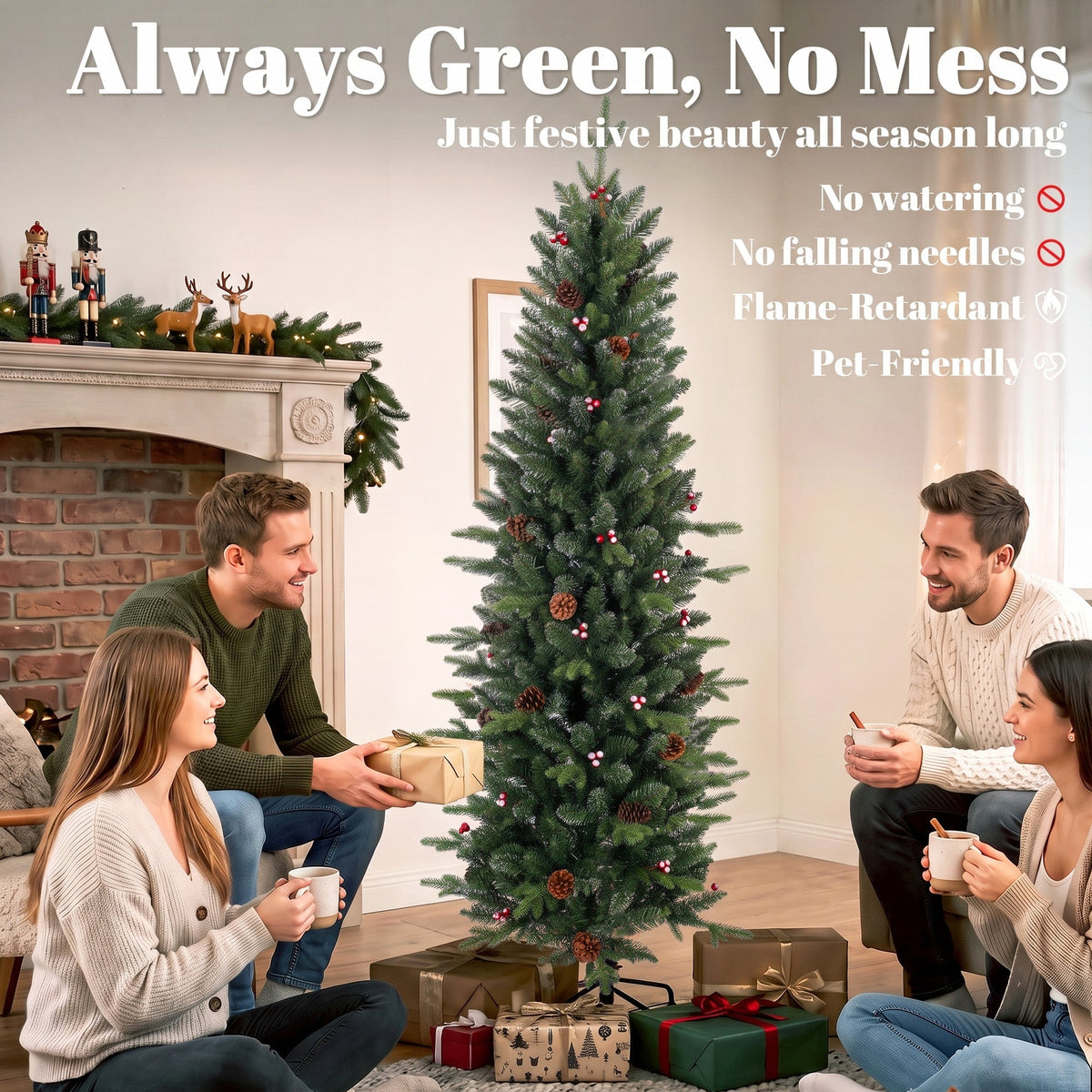 6ft/180cm Artificial Christmas Tree, Slim Gracious Pine Xmas Tree with 688 Branch Tips, Foldable Steel Stand, Easy Assembly for Home Office Holiday Decoration, Green