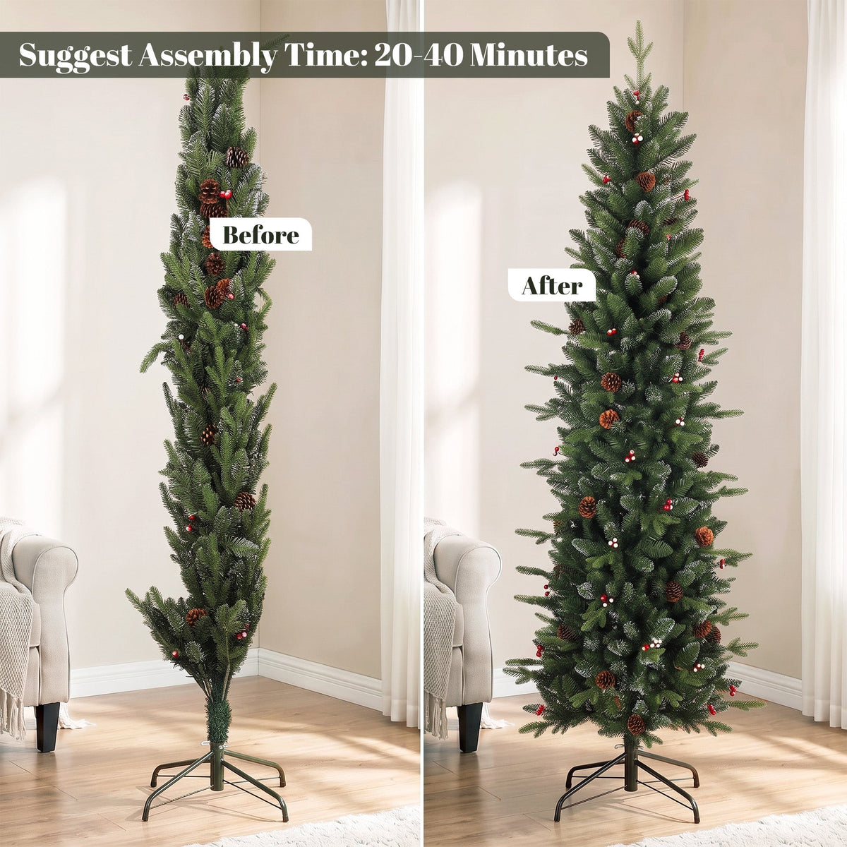 6ft/180cm Artificial Christmas Tree, Slim Gracious Pine Xmas Tree with 688 Branch Tips, Foldable Steel Stand, Easy Assembly for Home Office Holiday Decoration, Green