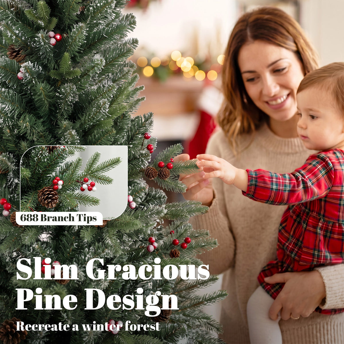 6ft/180cm Artificial Christmas Tree, Slim Gracious Pine Xmas Tree with 688 Branch Tips, Foldable Steel Stand, Easy Assembly for Home Office Holiday Decoration, Green