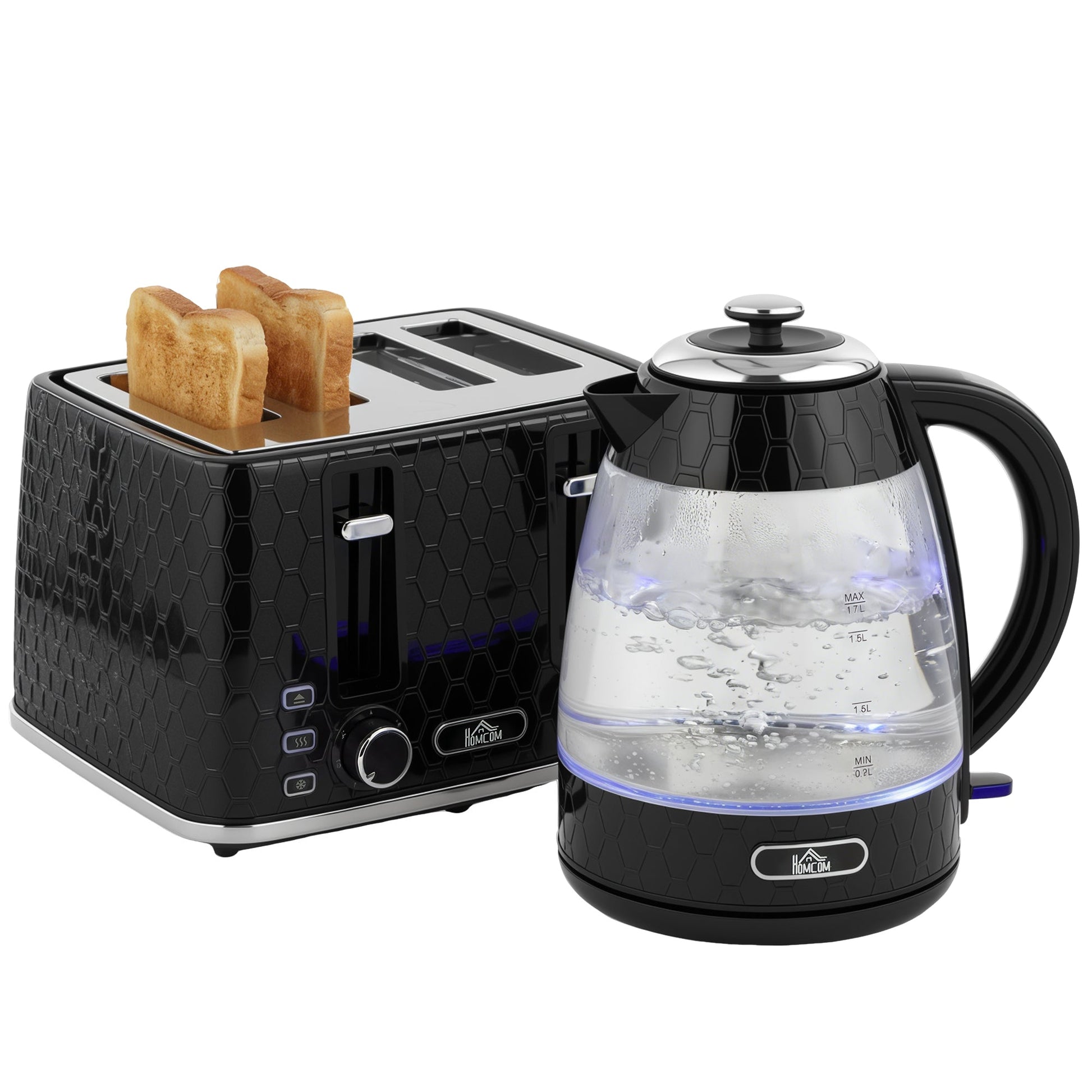 Kettle and Toaster Set, 1.7L 3000W Rapid Boil Jug Kettle with Strix Thermostat, Limescale Filter, 4 Slice Toaster with 7 Browning Controls, Crumb Tray, Black