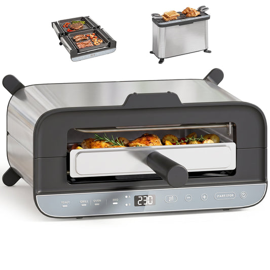 3-in-1 Electric Mini Oven, Long Slot Toaster and Tabletop Grill, 4.9L Countertop Multi-Function Oven with LED Display, 60 Min Timer, Baking Tray, Wire Rack & Crumb Tray, Stainless Steel, 1700W