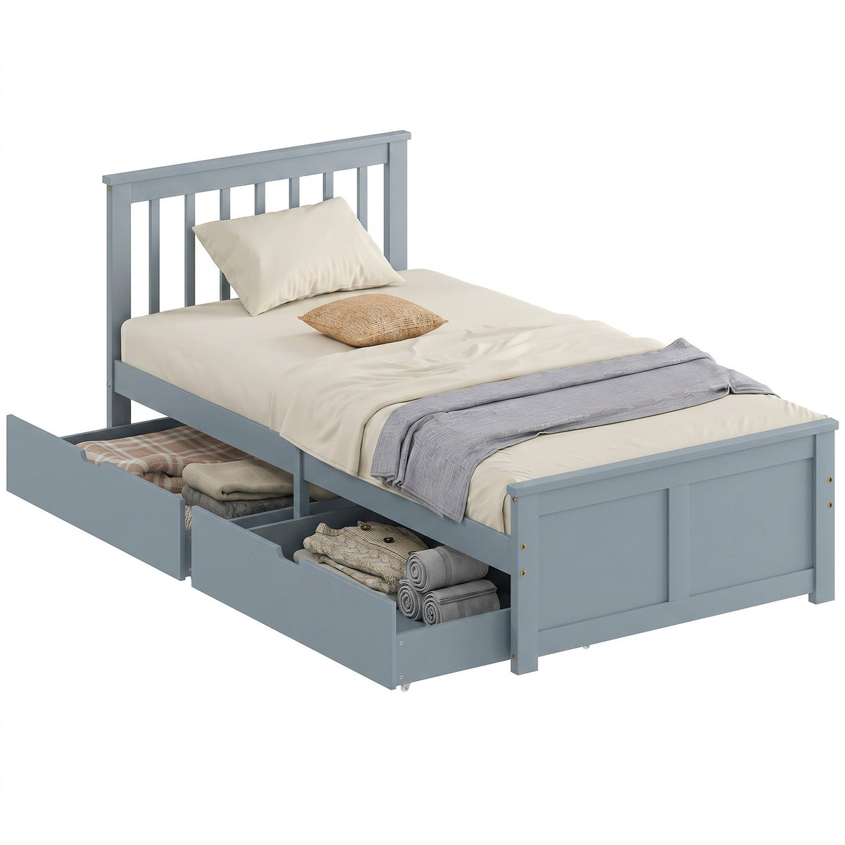 3ft Single Solid Wooden Bed Frame, Pine Storage Bed with Drawers, Headboard, Wood Slat Support, No Box Spring Needed, Easy Assembly, 90 x 190 cm, Grey