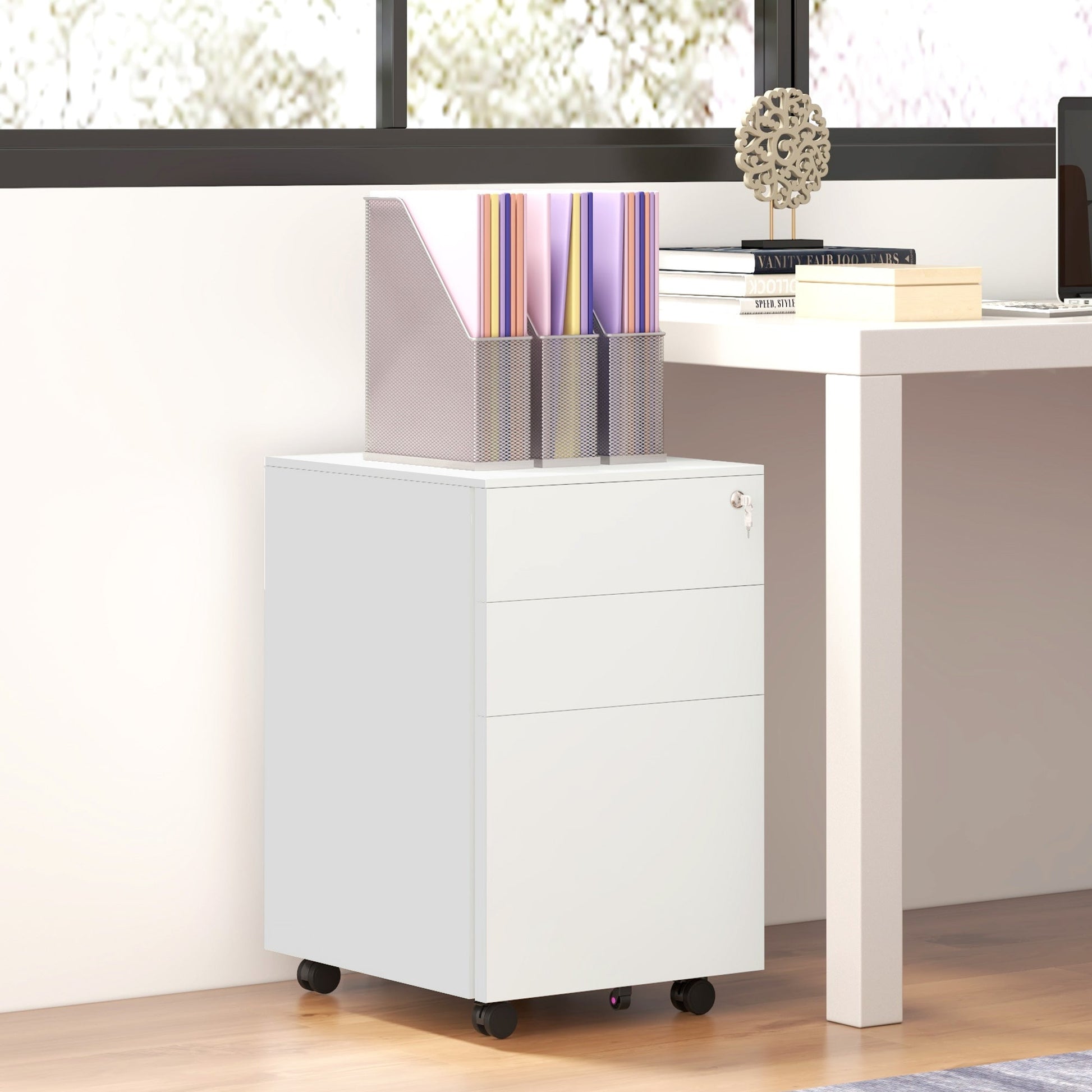 Vinsetto 3-Drawer Vertical Filing Cabinet with Pencil Tray, Lock and 5 Wheels, Steel Mobile File Cabinet, for A4, Legal and Letter Size, Pre-Assembled Body, White