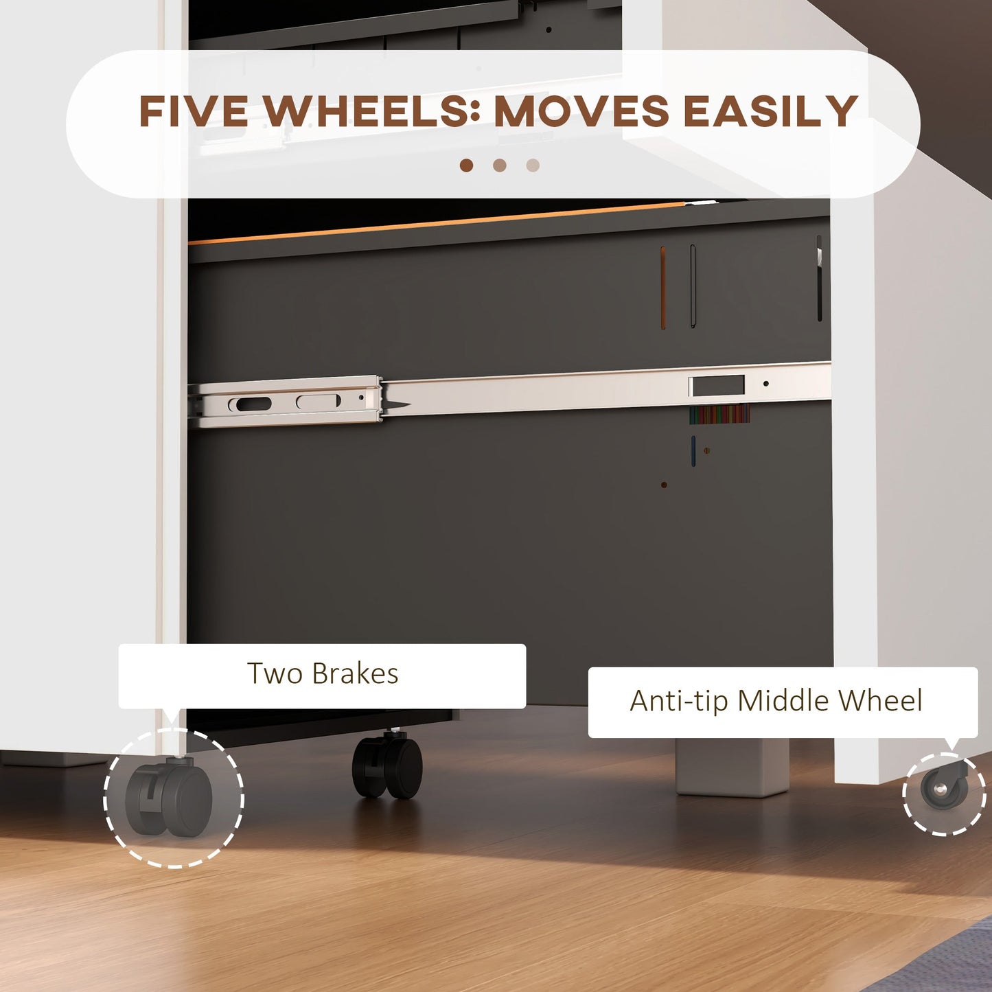 Vinsetto 3-Drawer Vertical Filing Cabinet with Pencil Tray, Lock and 5 Wheels, Steel Mobile File Cabinet, for A4, Legal and Letter Size, Pre-Assembled Body, White