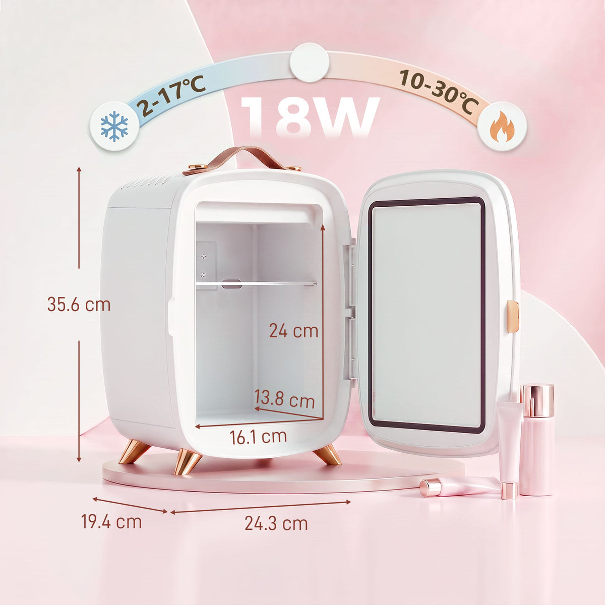 6L Mini Cosmetic Fridge with LED Mirror, Cooling Function, Skincare Refrigerator for Bedroom, Skincare, Office, White