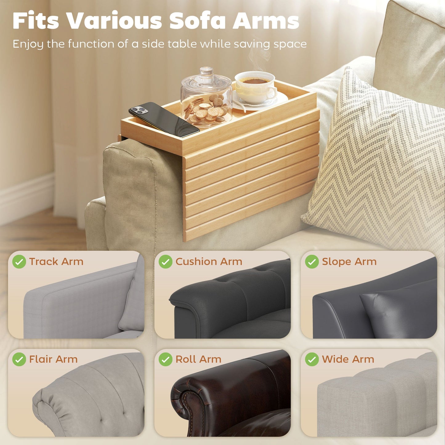Bamboo Sofa Arm Tray, Foldable Anti-Slip Armrest Tray, Flexible Roll-up Couch Armrest Table for Drinks and Snacks, Natural Wood Finish