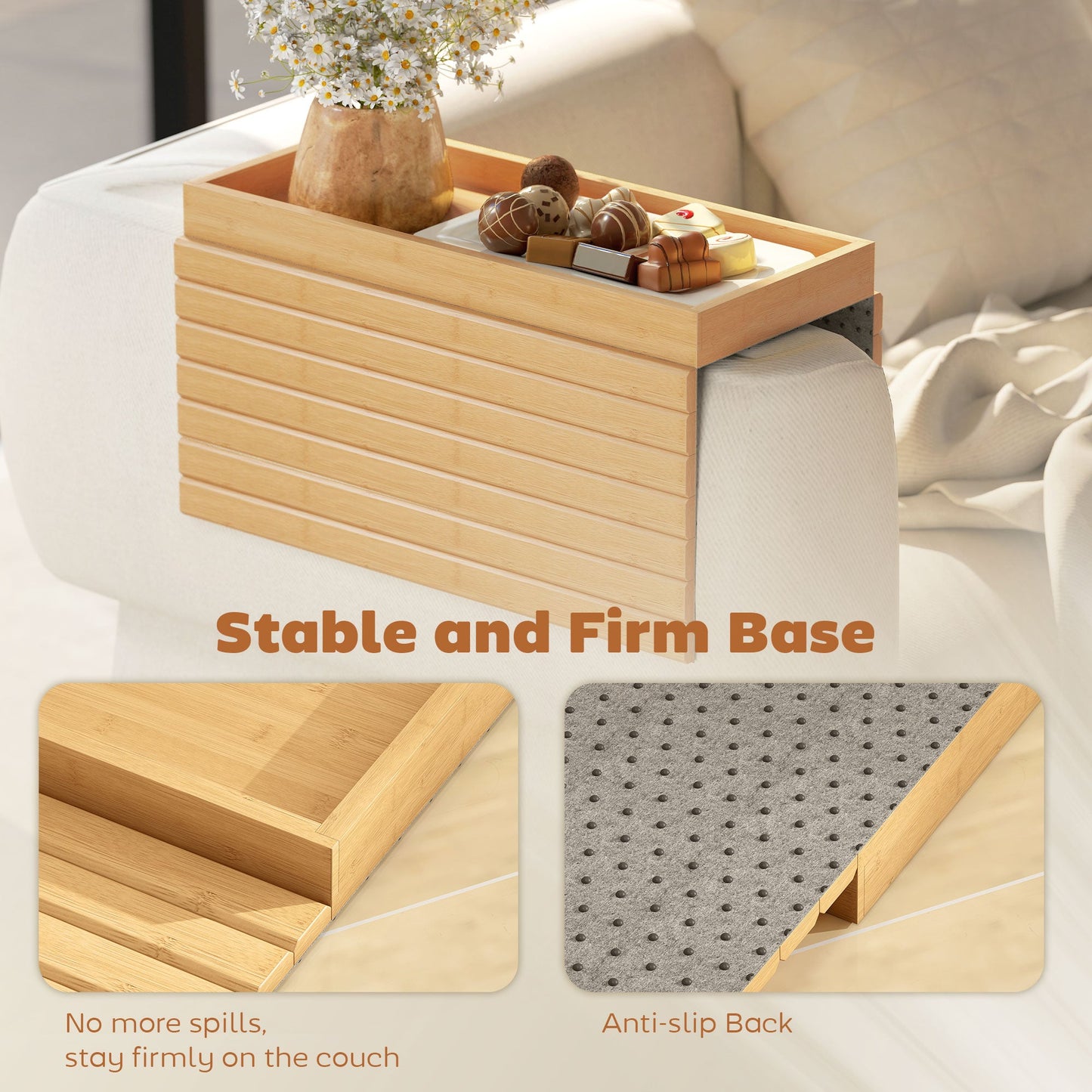 Bamboo Sofa Arm Tray, Foldable Anti-Slip Armrest Tray, Flexible Roll-up Couch Armrest Table for Drinks and Snacks, Natural Wood Finish