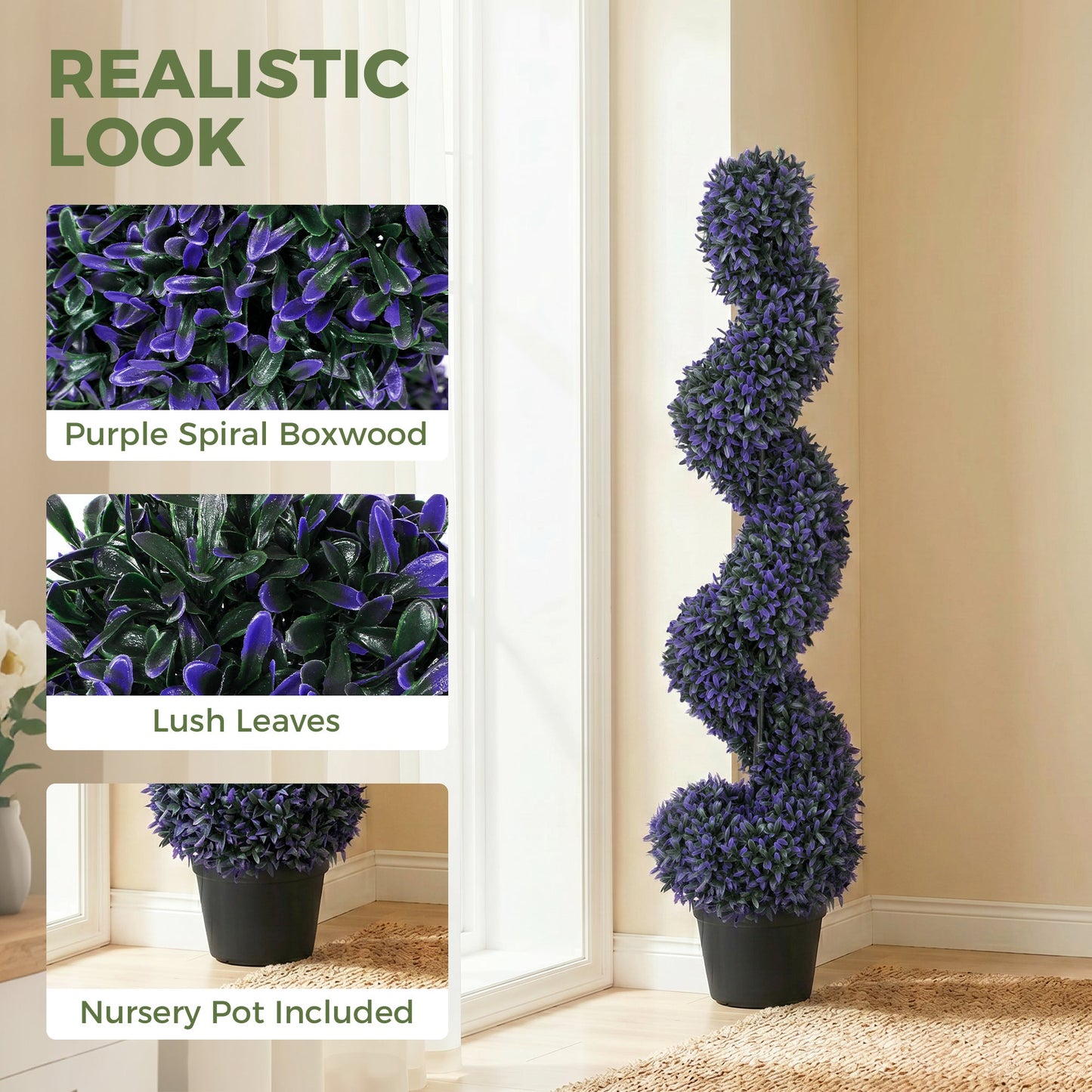 Set of 2 Decorative Artificial Plants, 120cm Artificial Boxwood Spiral Topiary Tree with 840 Leaves, UV Resistant, Indoor Outdoor Fake Plants in Pot for Home Office Living Room Decor, Purple