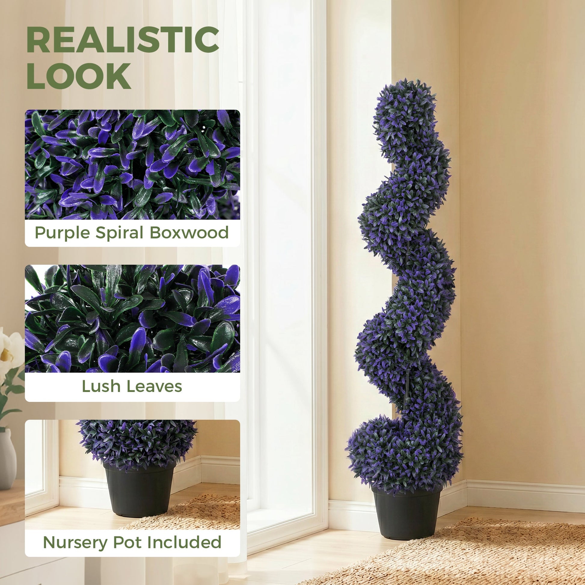 Set of 2 Decorative Artificial Plants, 120cm Artificial Boxwood Spiral Topiary Tree with 840 Leaves, UV Resistant, Indoor Outdoor Fake Plants in Pot for Home Office Living Room Decor, Purple