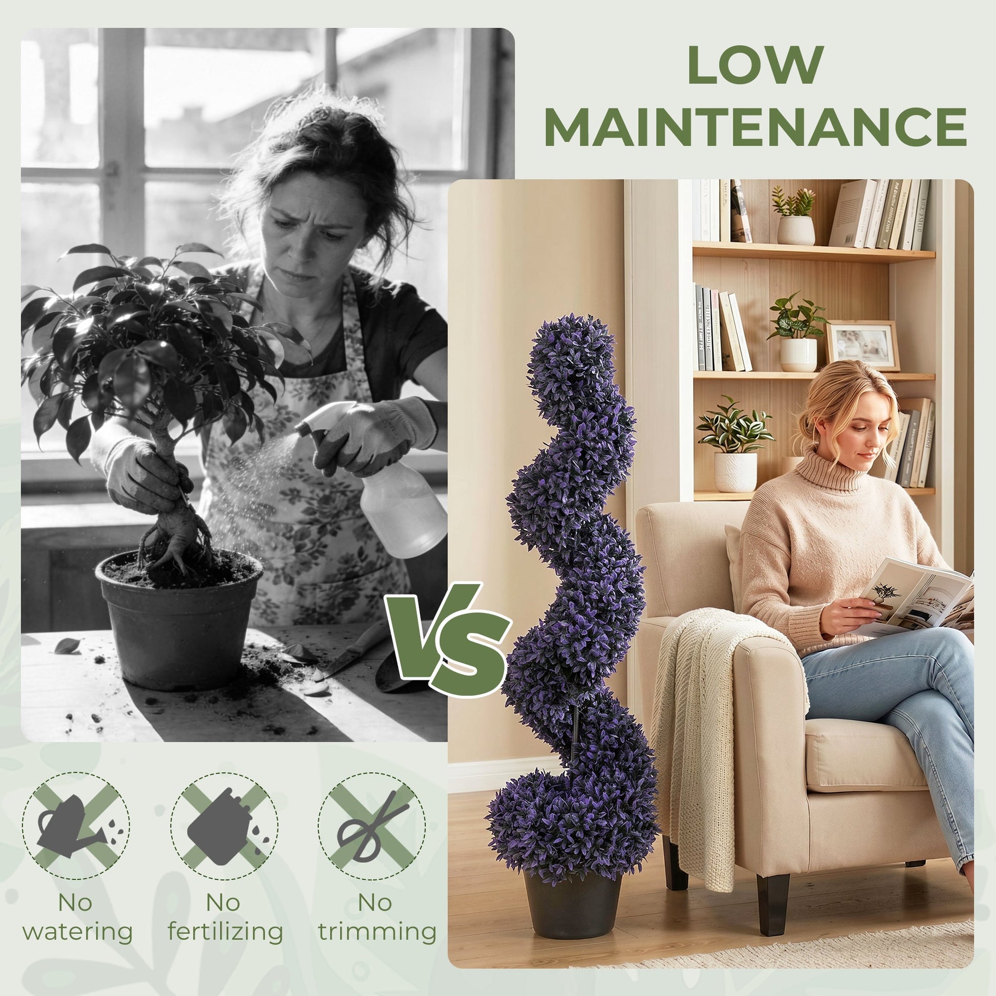 Set of 2 Decorative Artificial Plants, 120cm Artificial Boxwood Spiral Topiary Tree with 840 Leaves, UV Resistant, Indoor Outdoor Fake Plants in Pot for Home Office Living Room Decor, Purple