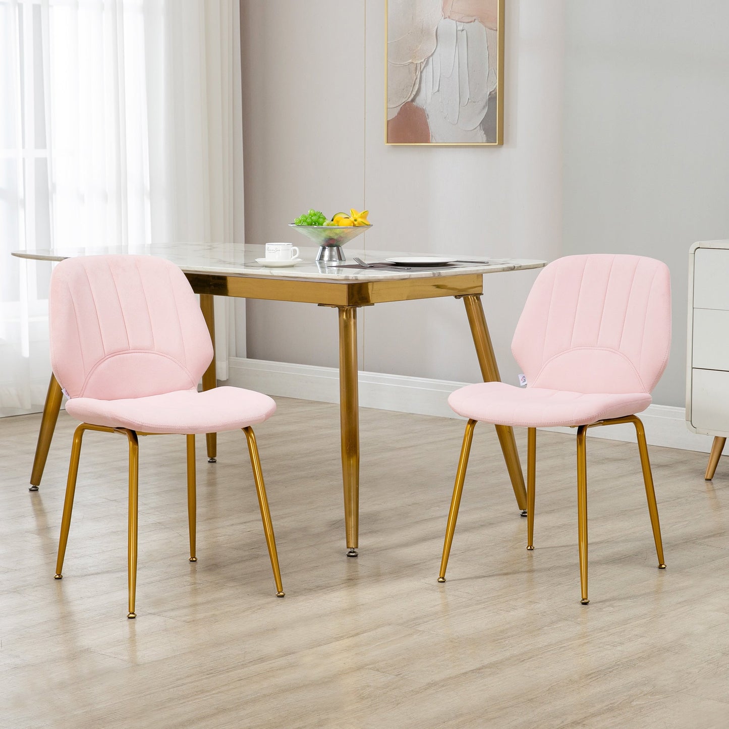 HOMCOM Modern Dining Chairs Set of 2, Velvet Upholstered Kitchen Chairs with Backrest, Padded Seat and Steel Legs, Pink