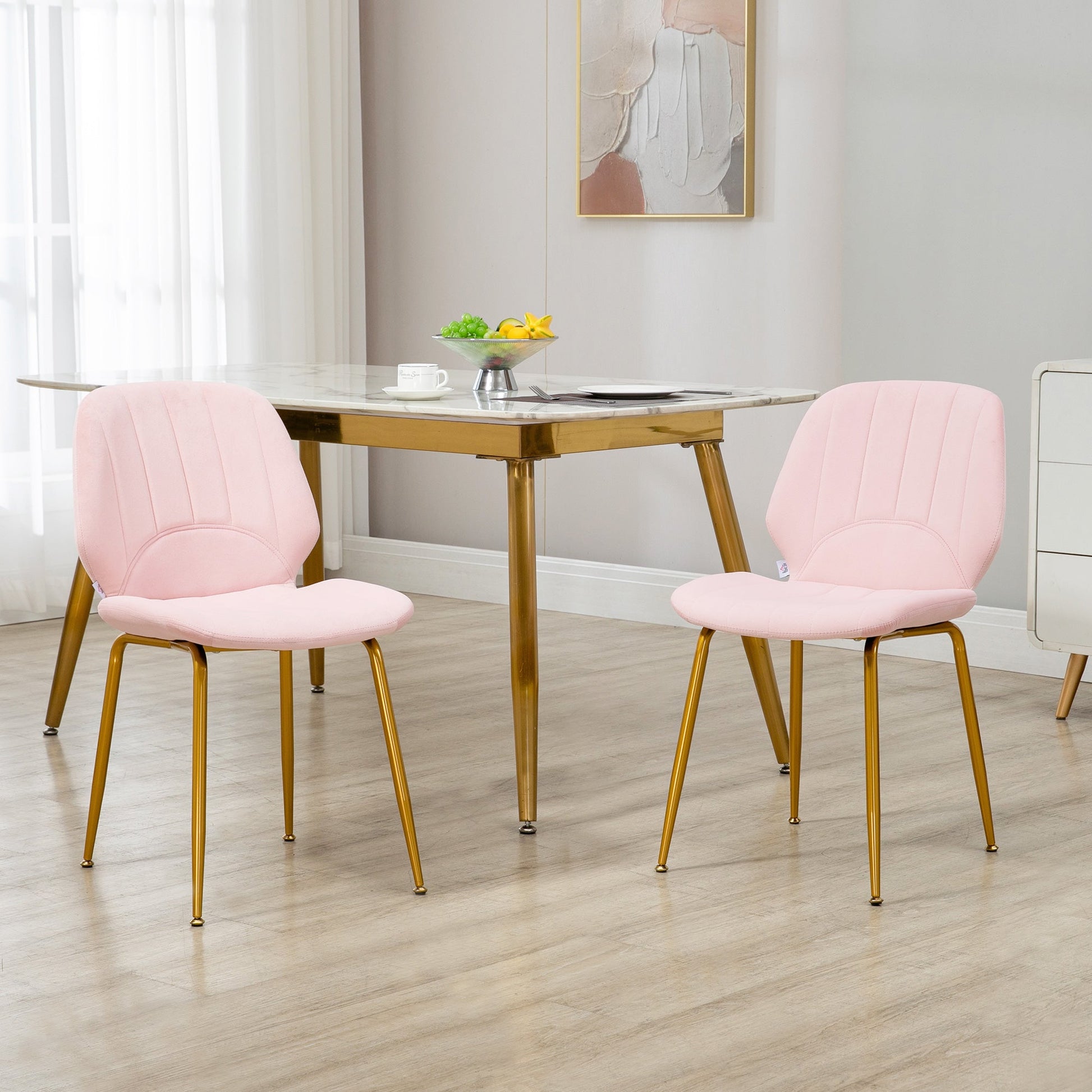 HOMCOM Modern Dining Chairs Set of 2, Velvet Upholstered Kitchen Chairs with Backrest, Padded Seat and Steel Legs, Pink