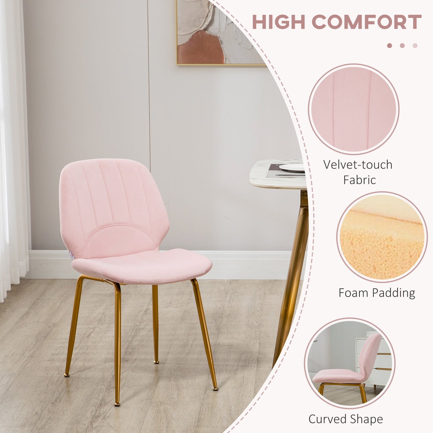 HOMCOM Modern Dining Chairs Set of 2, Velvet Upholstered Kitchen Chairs with Backrest, Padded Seat and Steel Legs, Pink