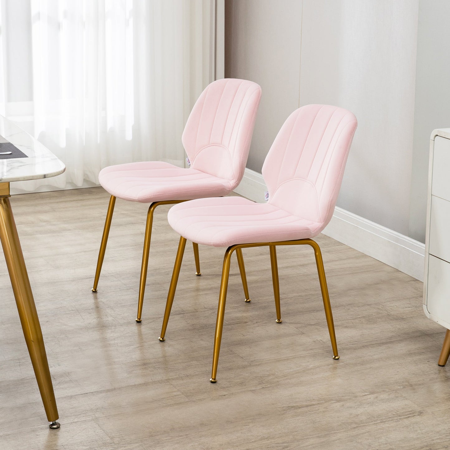 HOMCOM Modern Dining Chairs Set of 2, Velvet Upholstered Kitchen Chairs with Backrest, Padded Seat and Steel Legs, Pink