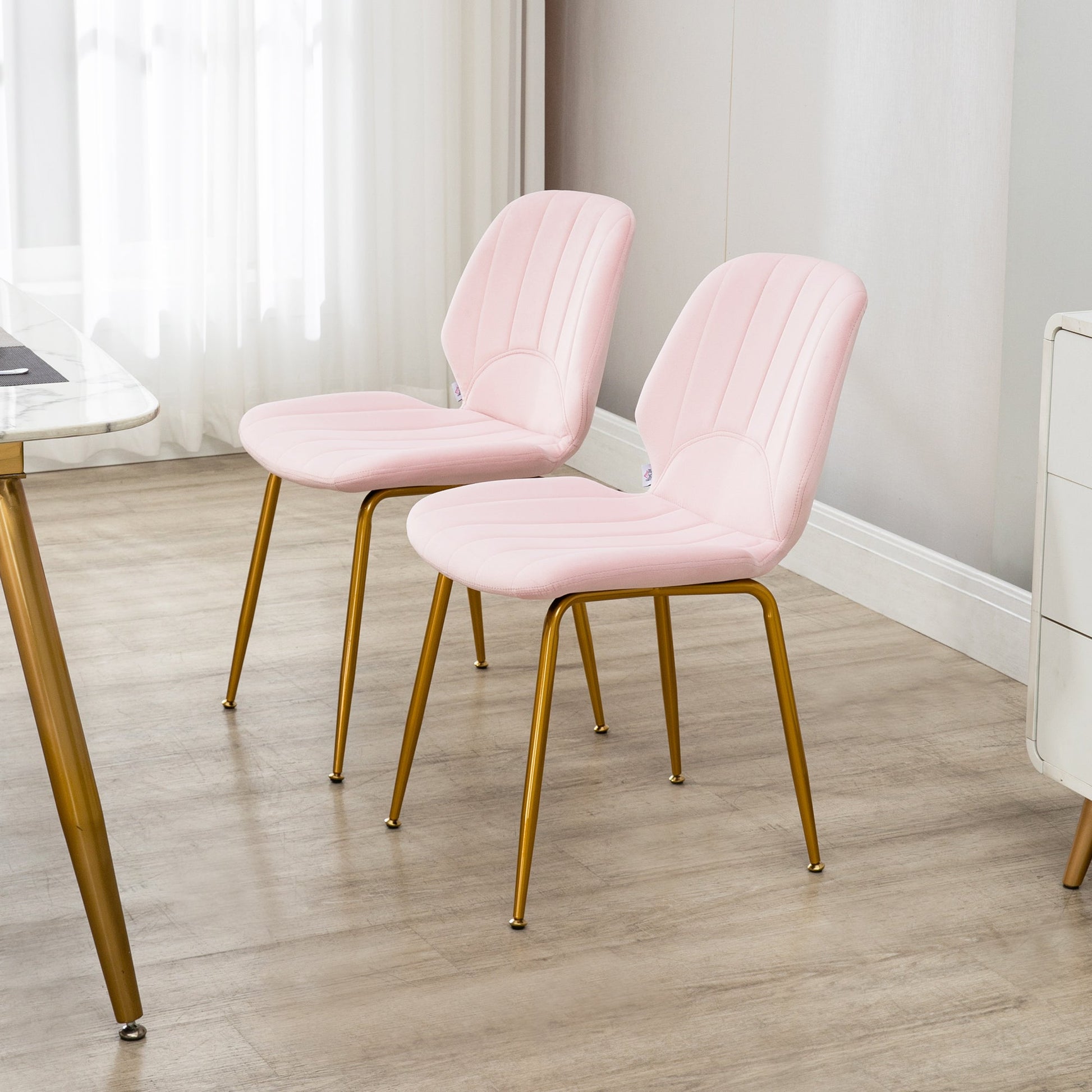 HOMCOM Modern Dining Chairs Set of 2, Velvet Upholstered Kitchen Chairs with Backrest, Padded Seat and Steel Legs, Pink