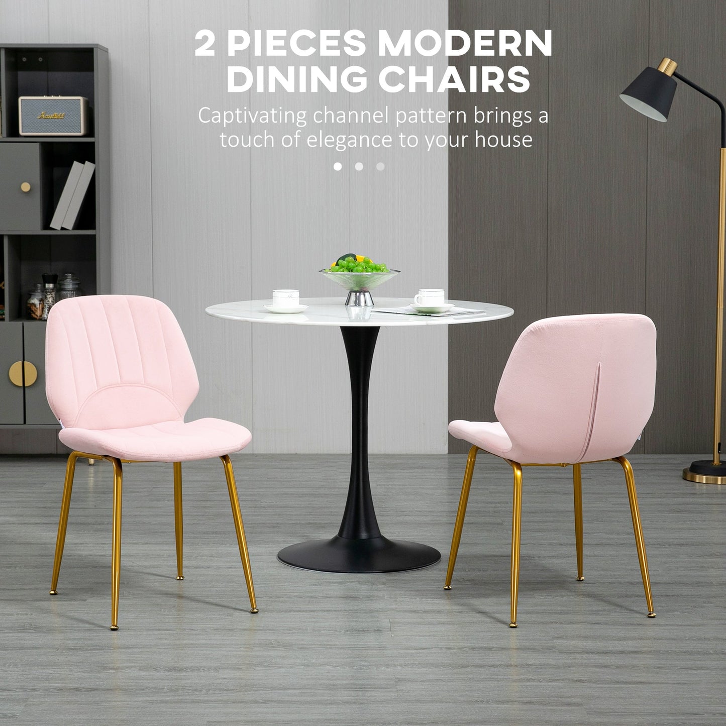 HOMCOM Modern Dining Chairs Set of 2, Velvet Upholstered Kitchen Chairs with Backrest, Padded Seat and Steel Legs, Pink