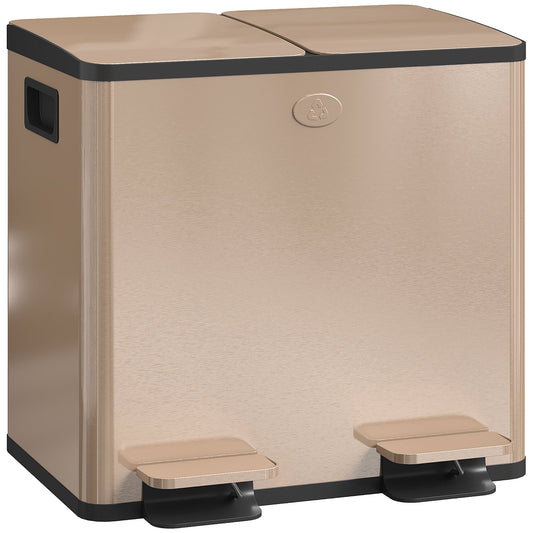 Dual Kitchen Bin, 2 x 15L Stainless Steel Double Rubbish Bin with Soft Close Lid, Removable Inner Buckets, Fingerprint-Proof for Recycling and Waste, Gold Tone