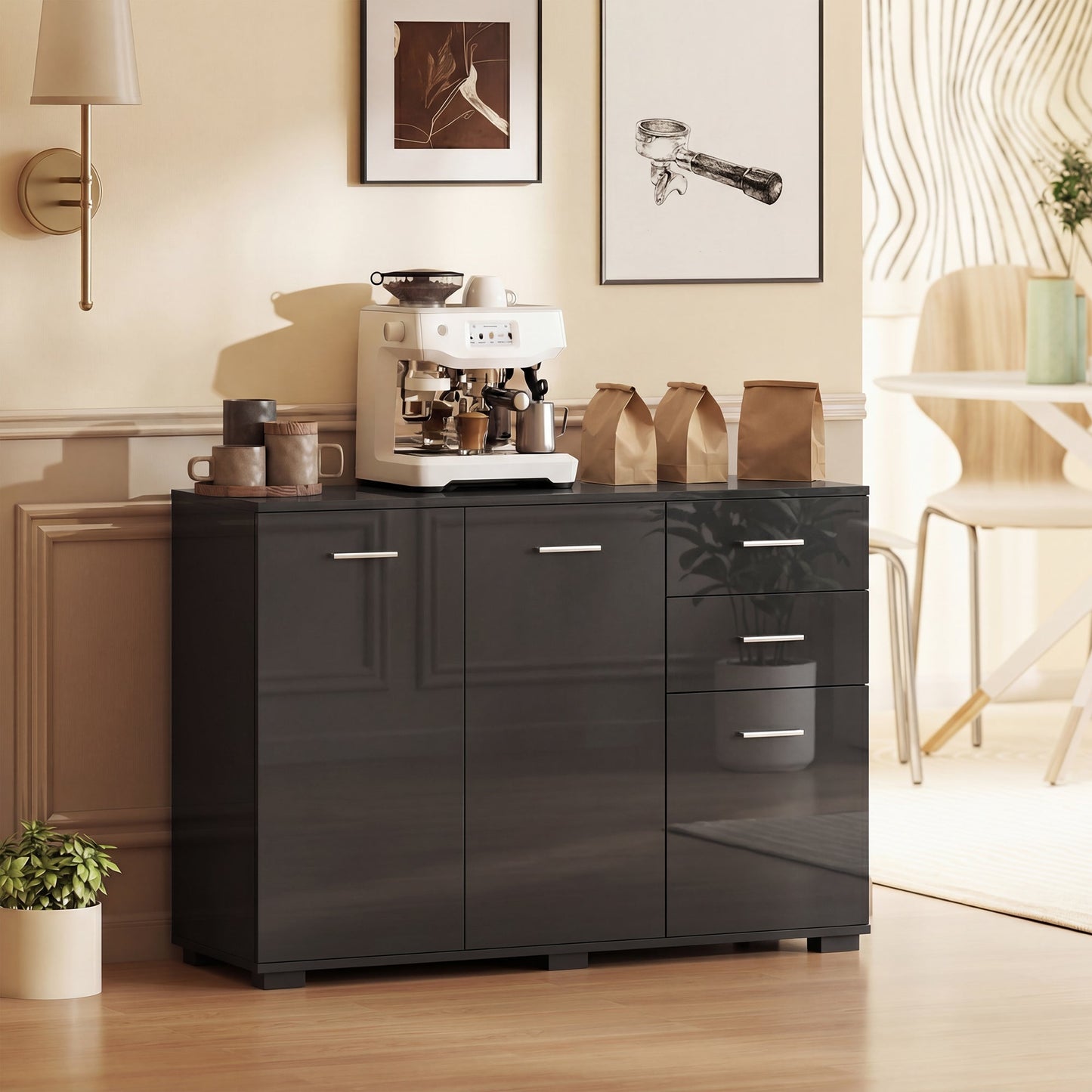 Sideboard, Modern Storage Cabinet with 2 Drawers, 3 Doors and Adjustable Shelves, Kitchen Cabinet for Living Room, Dining Room, High Gloss Black