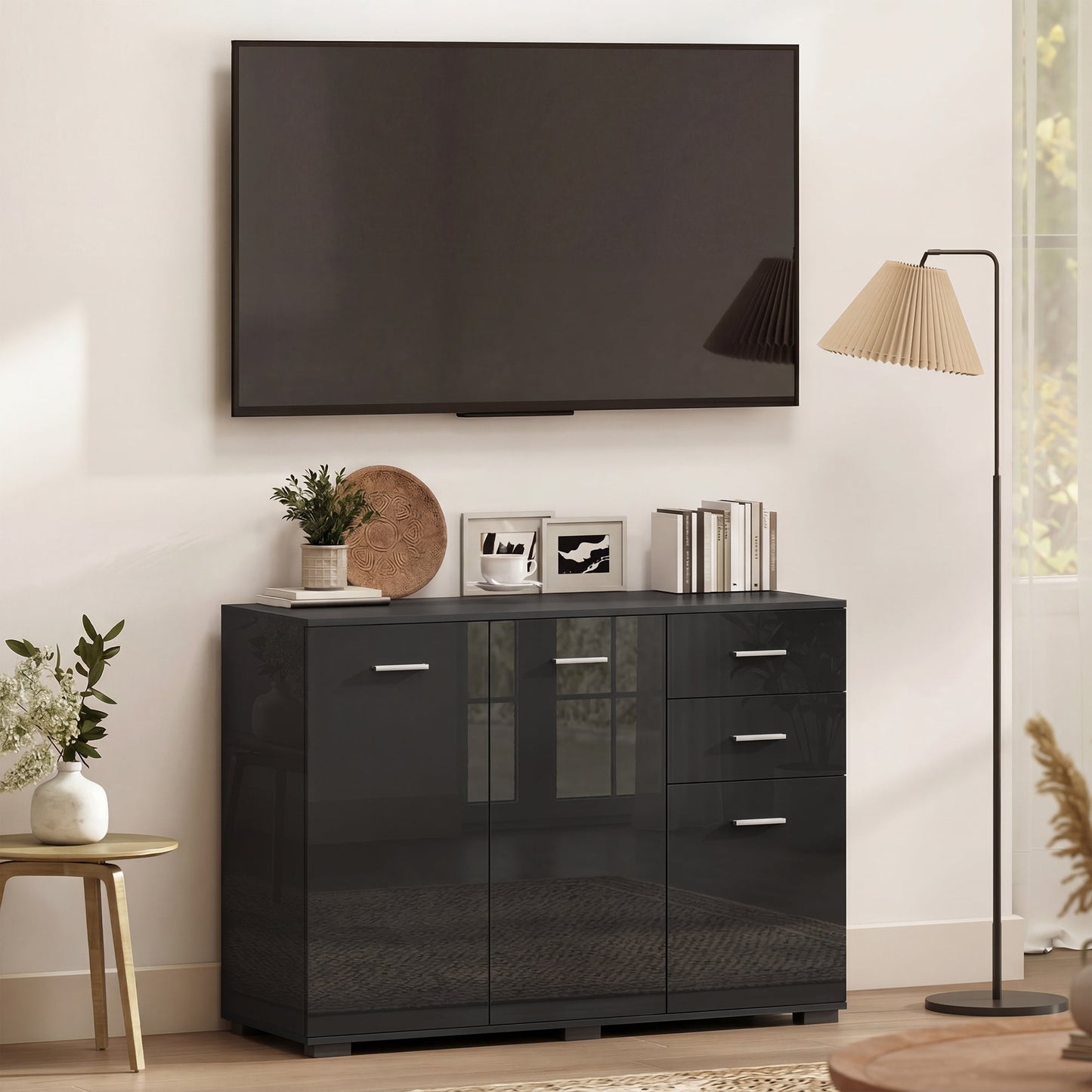 Sideboard, Modern Storage Cabinet with 2 Drawers, 3 Doors and Adjustable Shelves, Kitchen Cabinet for Living Room, Dining Room, High Gloss Black