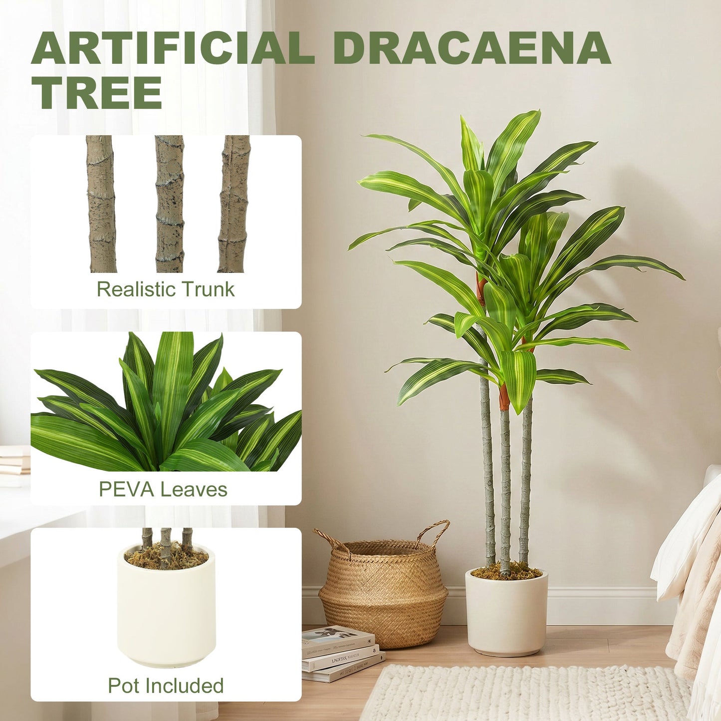 90cm Artificial Dracaena Tree, Decorative Artificial Plants with Bendable Trunks and White Planter for Living Room Bedroom Home Office Decor, Green