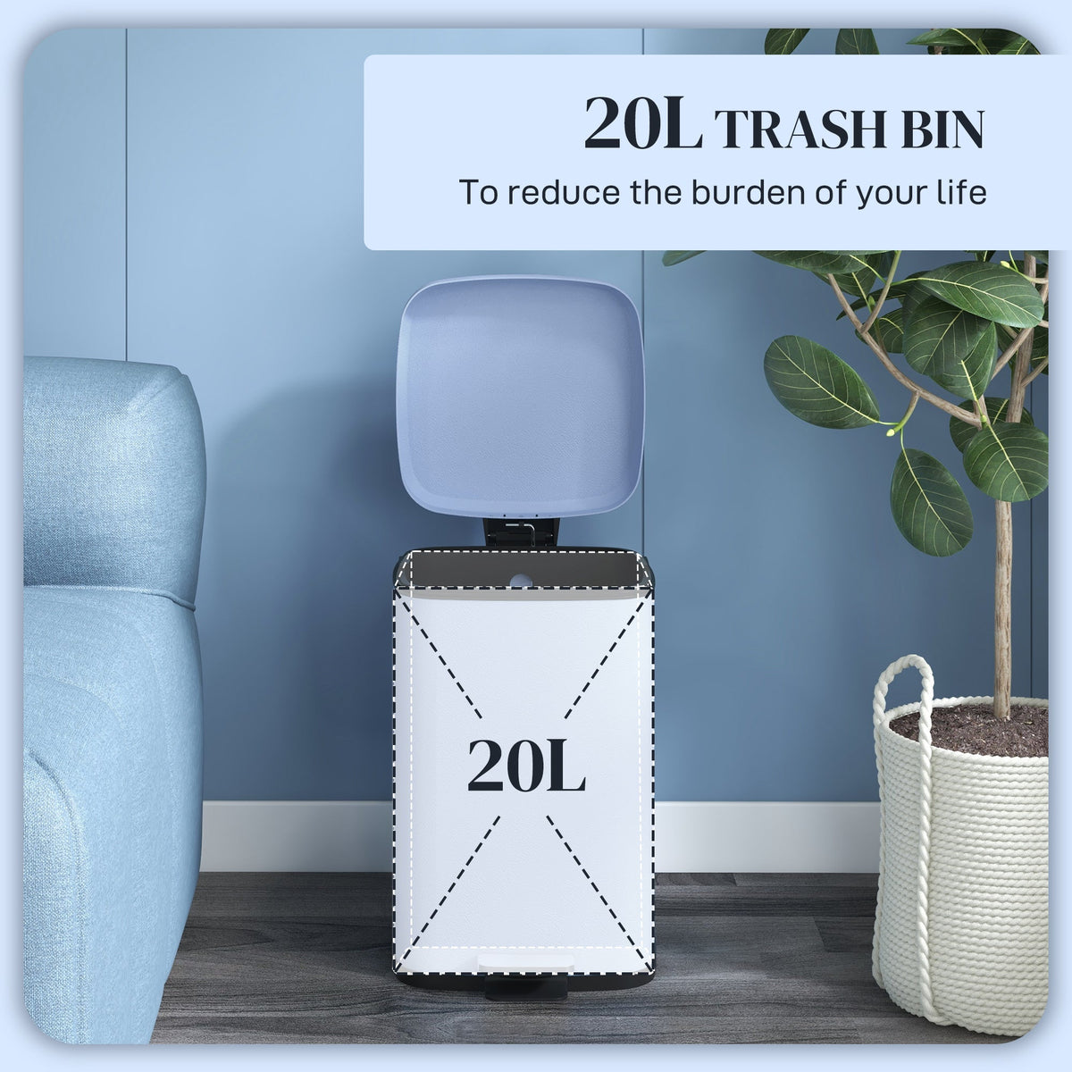 HOMCOM 20 Litre Pedal Bin, Fingerprint Proof Kitchen Bin with Soft-close Lid, Metal Rubbish Bin with Foot Pedal and Removable Inner Bucket, Light Blue