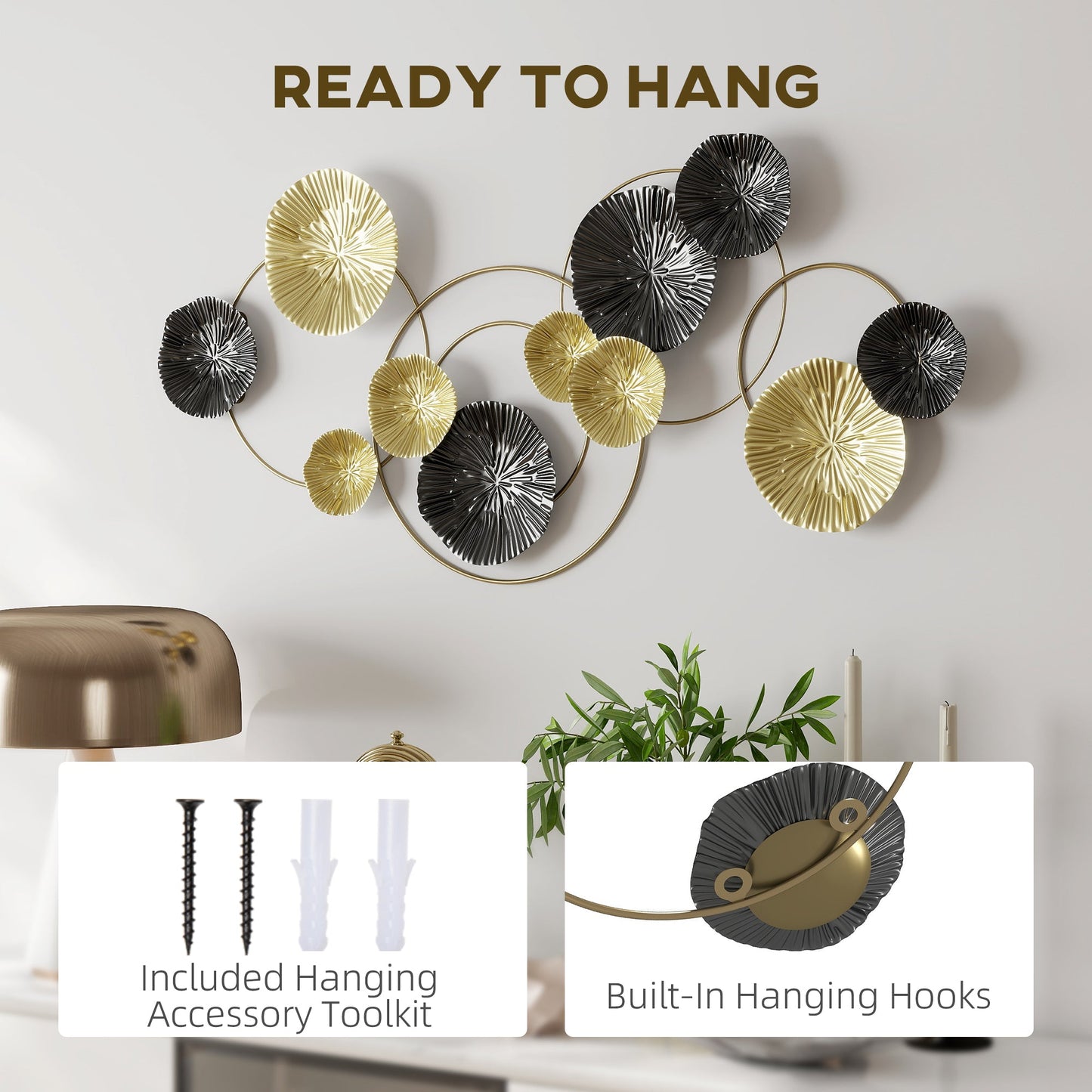 Large Metal Wall Art, Modern Hanging Wall Sculpture with Unique Multi-Disc Design, Horizontal or Vertical Metal Hanging Decoration for Living Room Bedroom Entryway