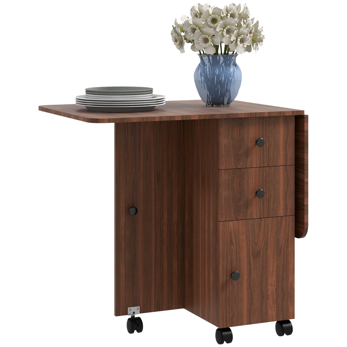 HOMCOM Folding Dining Table for 4-6, Rolling Drop Leaf Table with Storage Drawers, Cabinet and Open Shelf, Extendable Kitchen Table on Wheels, Distressed Brown