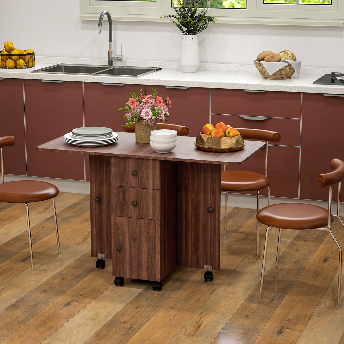 HOMCOM Folding Dining Table for 4-6, Rolling Drop Leaf Table with Storage Drawers, Cabinet and Open Shelf, Extendable Kitchen Table on Wheels, Distressed Brown
